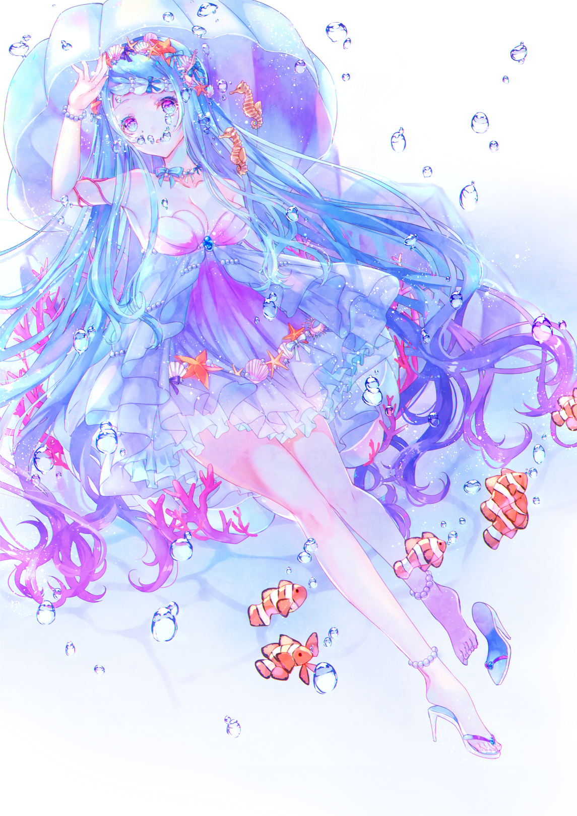 Anime girl with blue hair and fish in underwater HD Phone Wallpaper