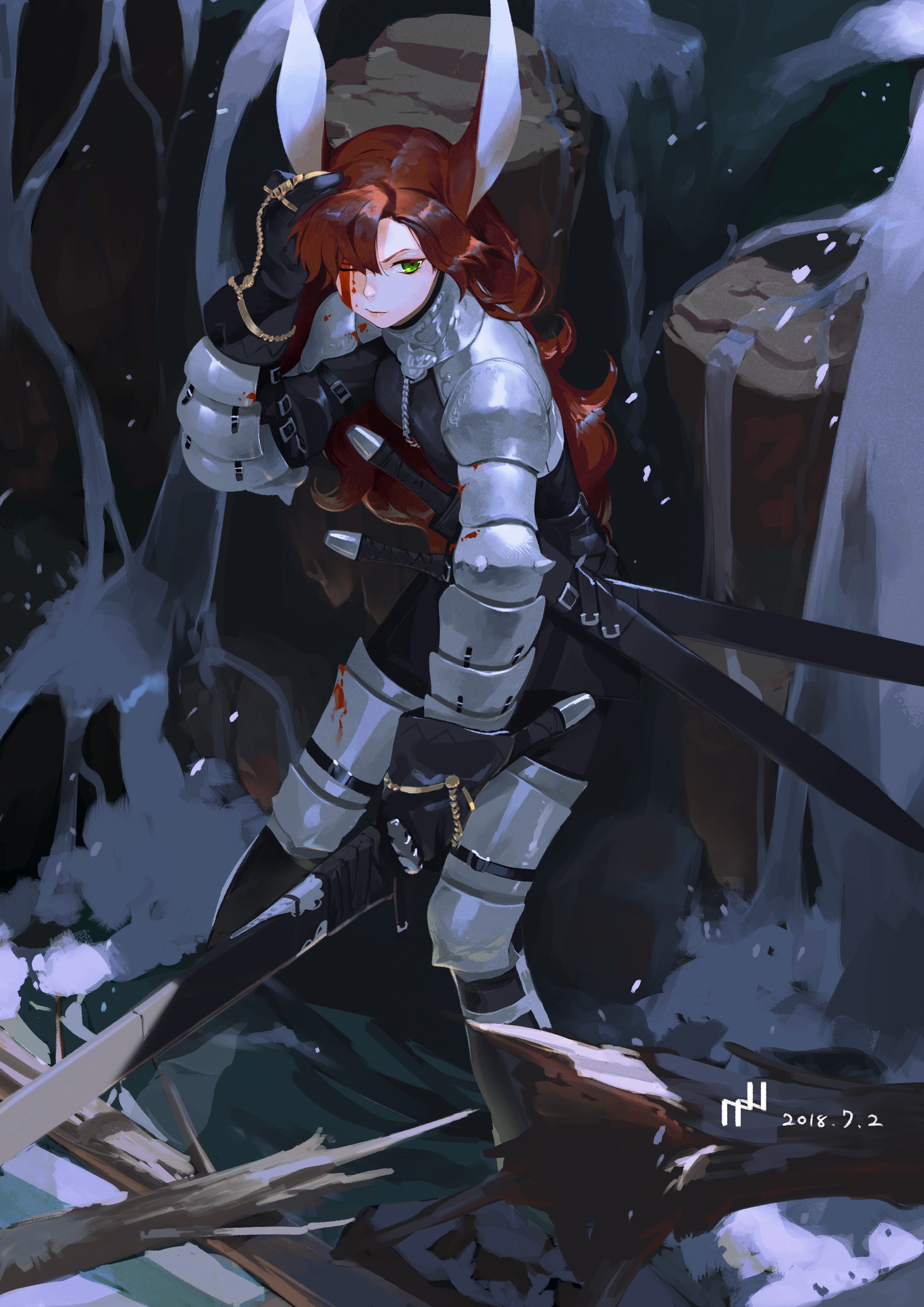 Anime girl with red hair and animal ears in armor HD Phone Wallpaper