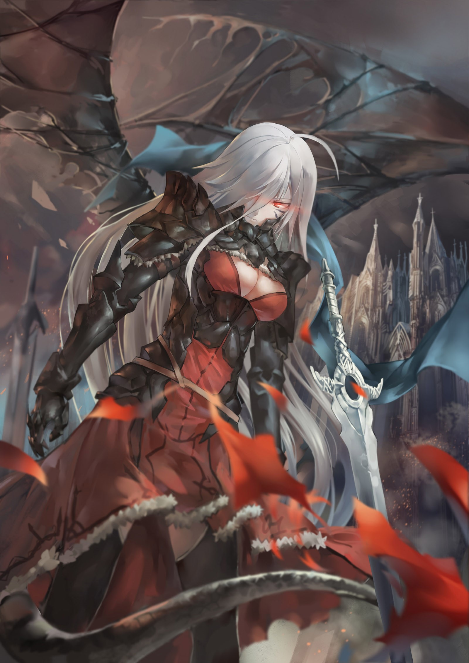 Anime girl with white hair and armor holding a sword HD Phone Wallpaper