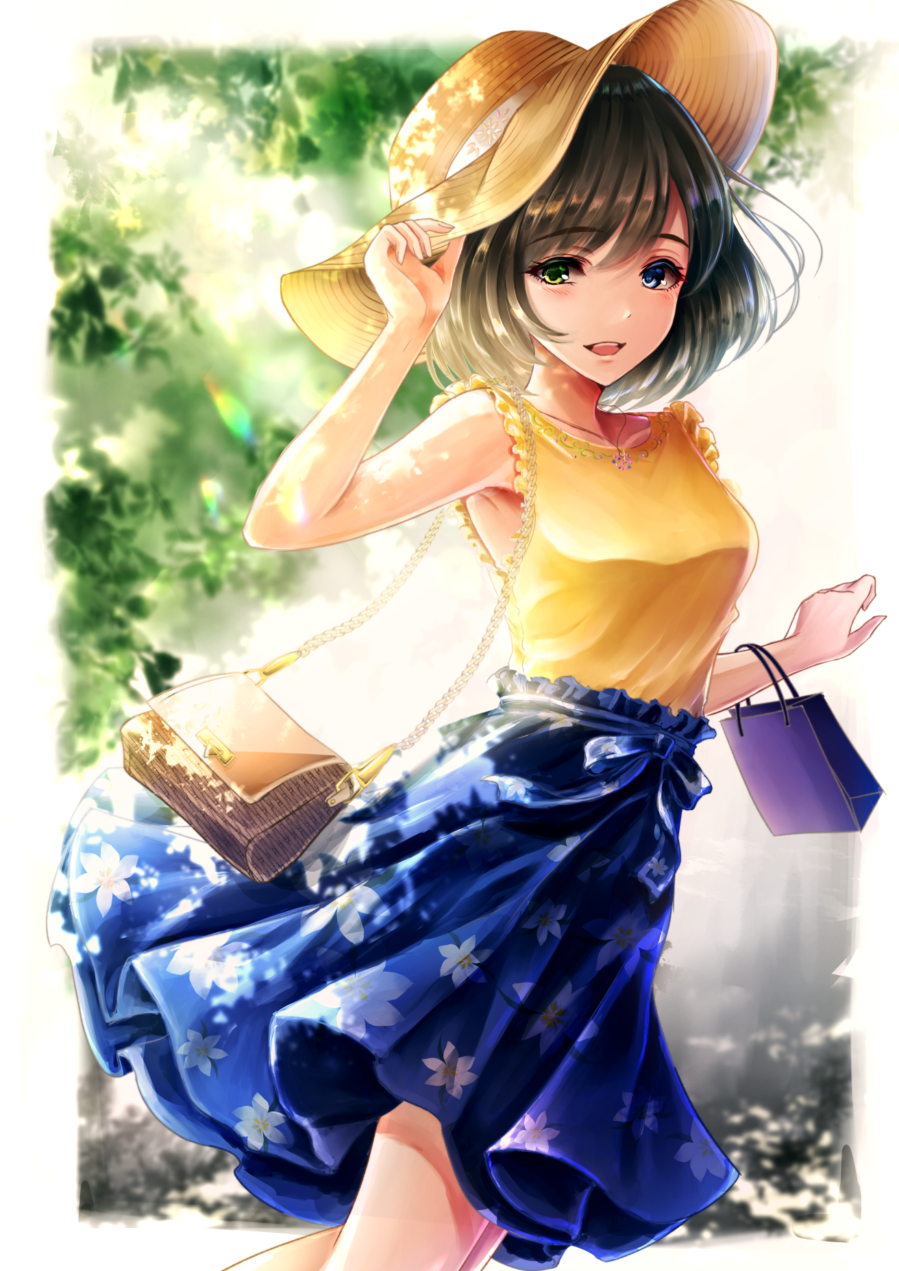 Anime girl with heterochromia wearing a hat and skirt HD Phone Wallpaper