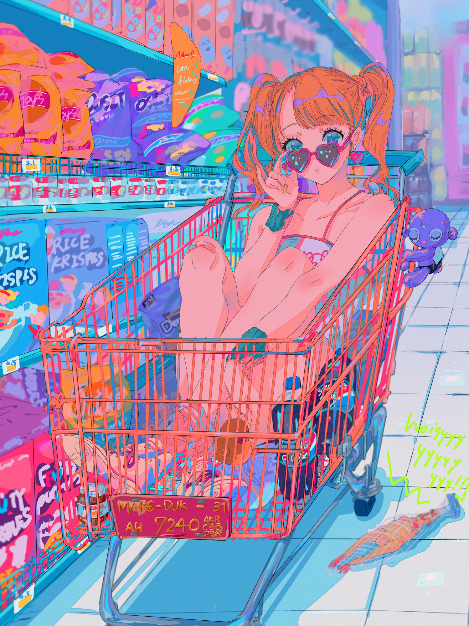 Anime girl in shopping cart at supermarket HD Phone Wallpaper