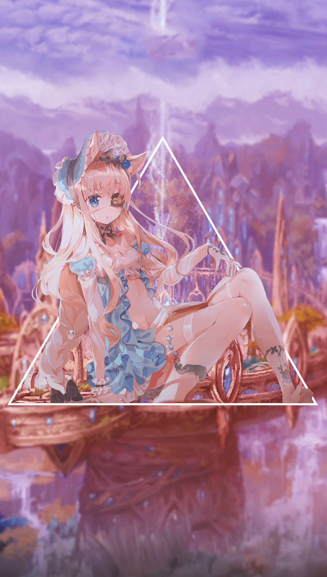 Anime girl with cat ears and tail sitting in front of fantasy landscape HD Phone Wallpaper
