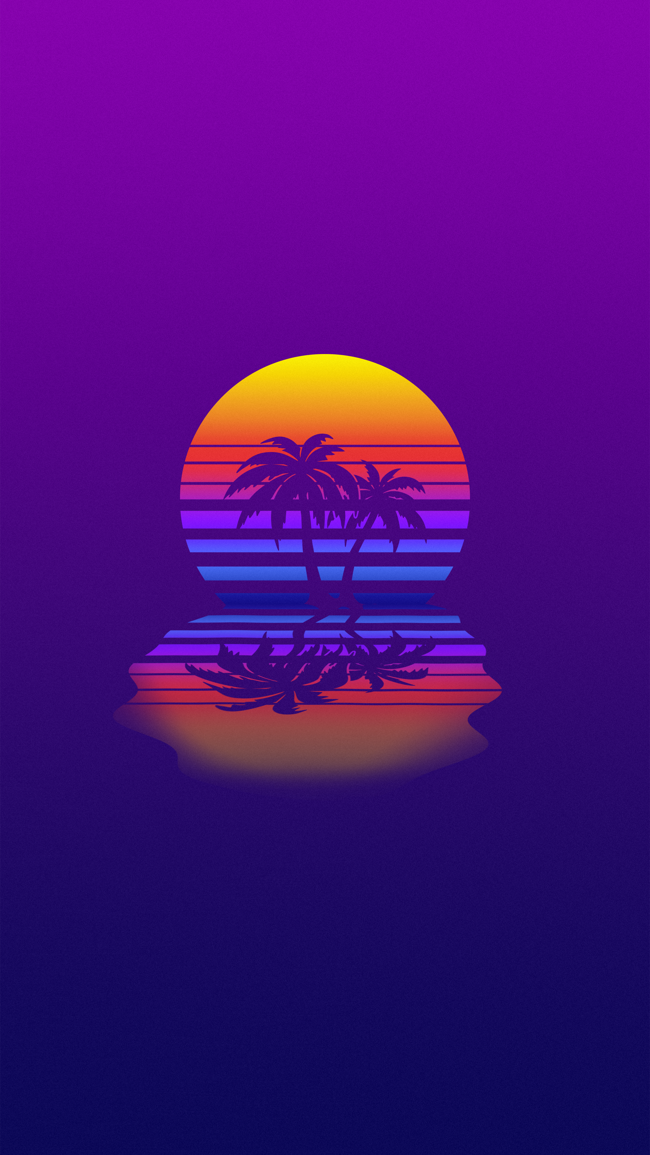 Retrowave sunset with palm trees and reflection HD Phone Wallpaper