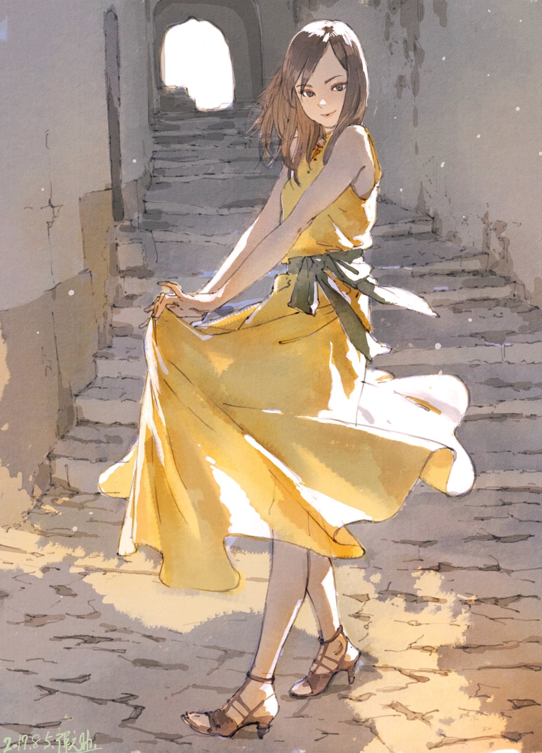 Anime girl in yellow dress on stone stairs HD Phone Wallpaper