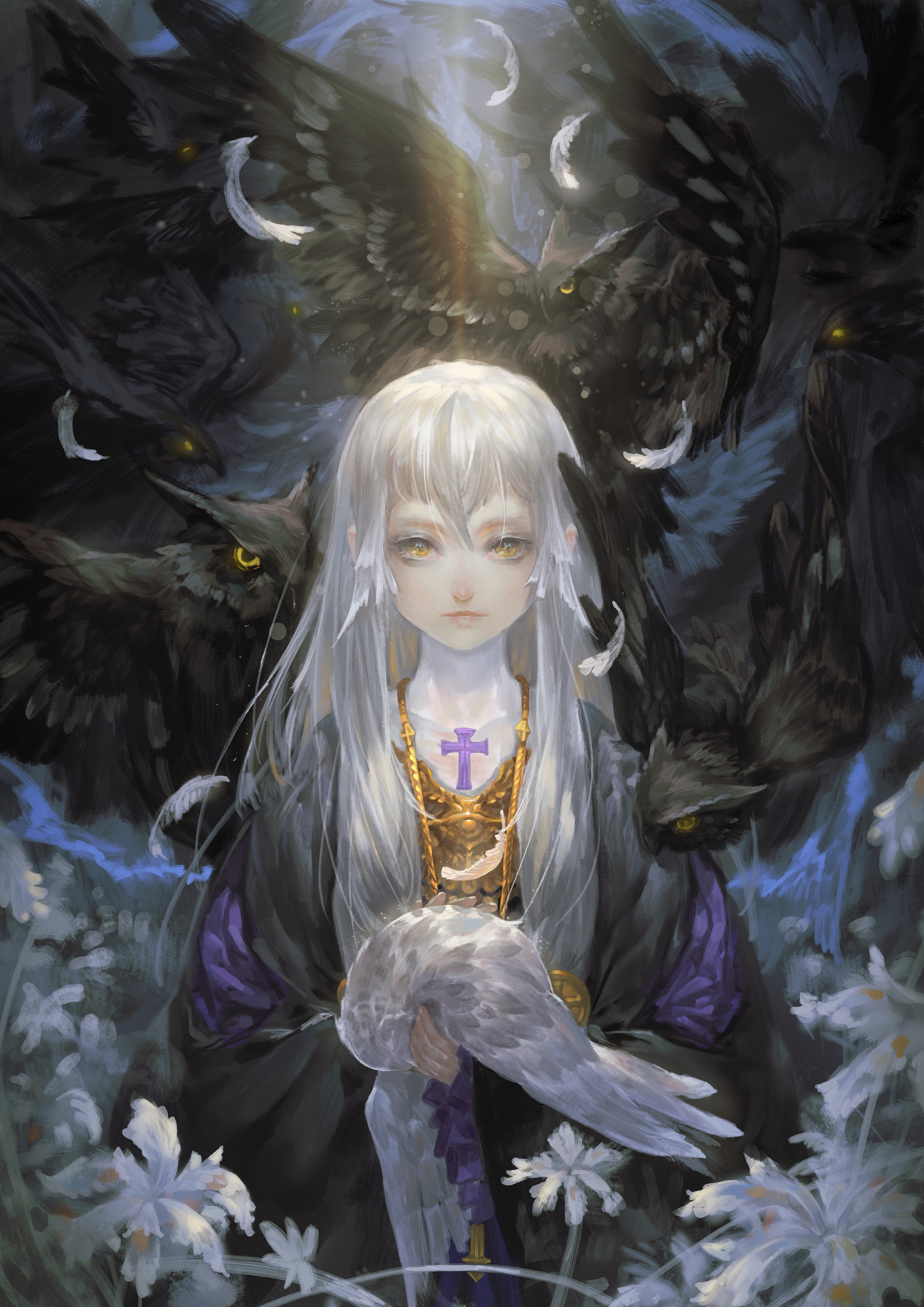 Anime girl with white hair and owls HD Phone Wallpaper