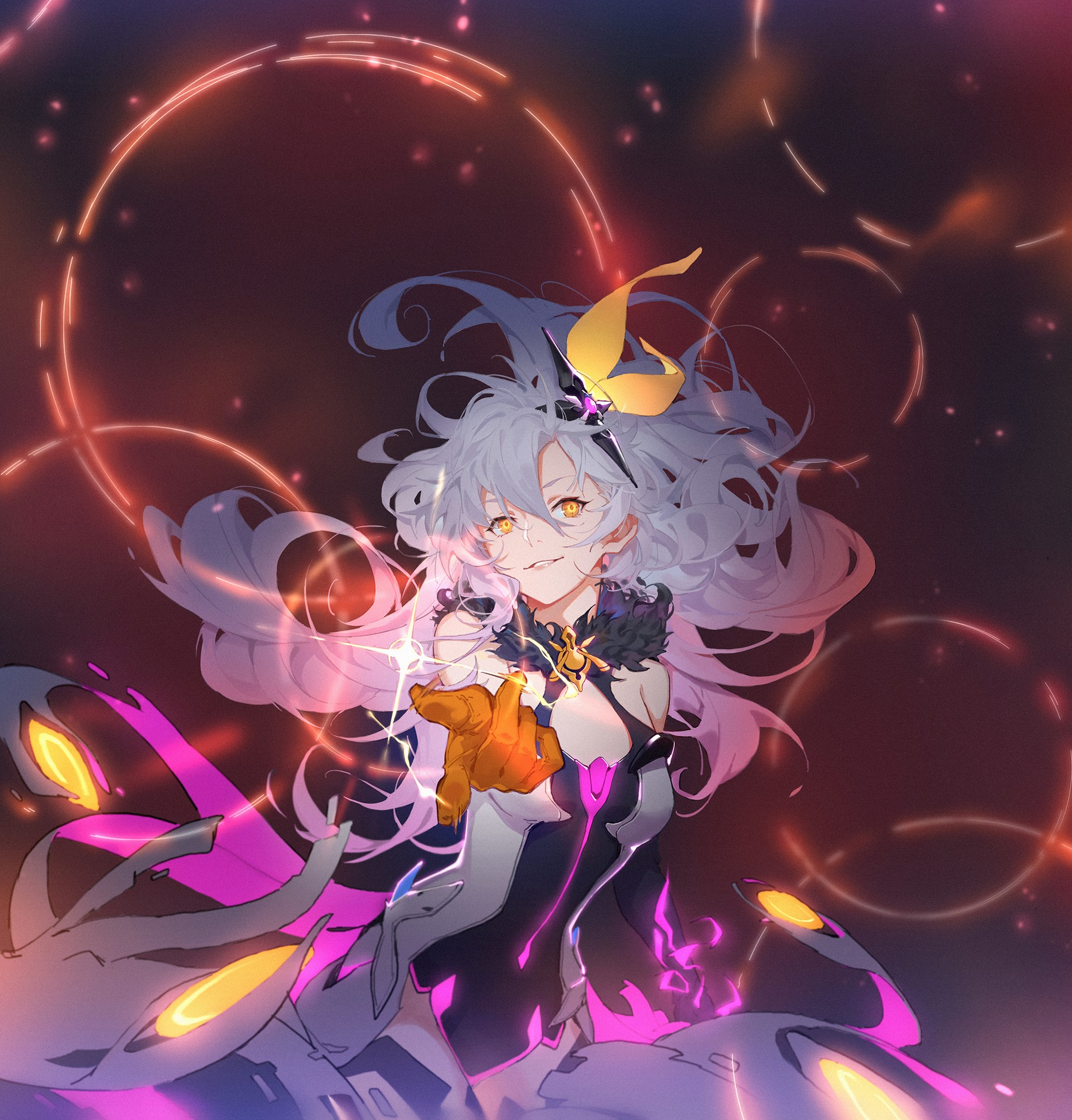 Anime girl with long white hair and yellow eyes HD Phone Wallpaper