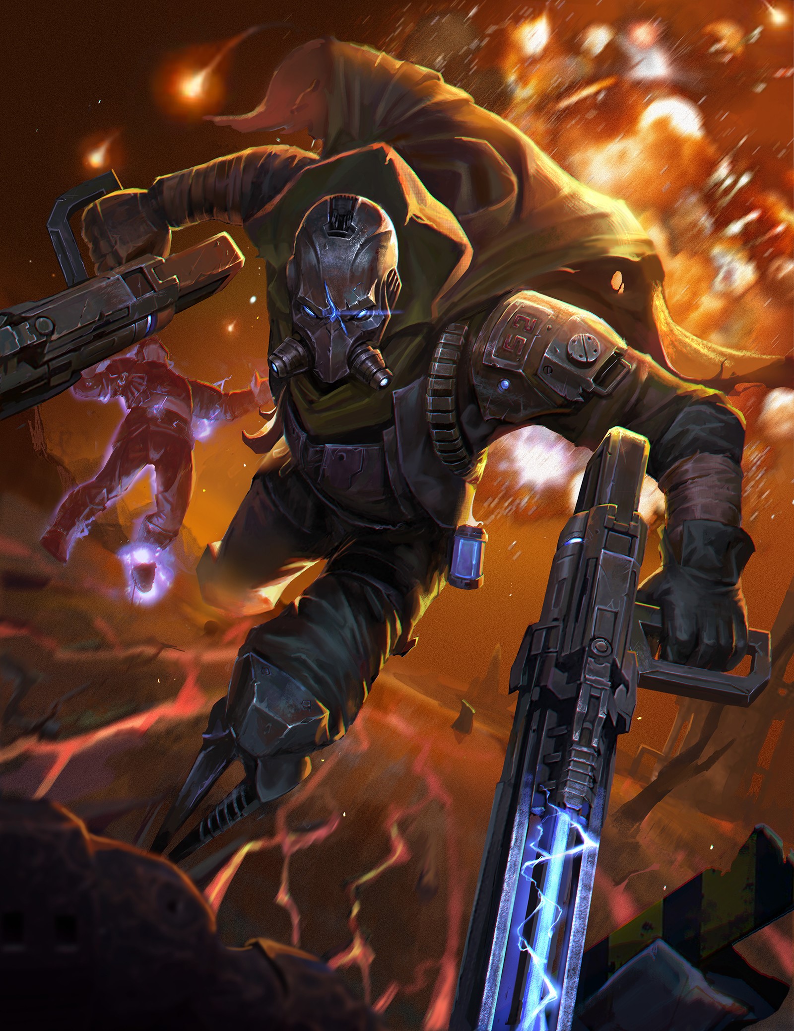 Futuristic soldier with guns in a fiery landscape HD Phone Wallpaper