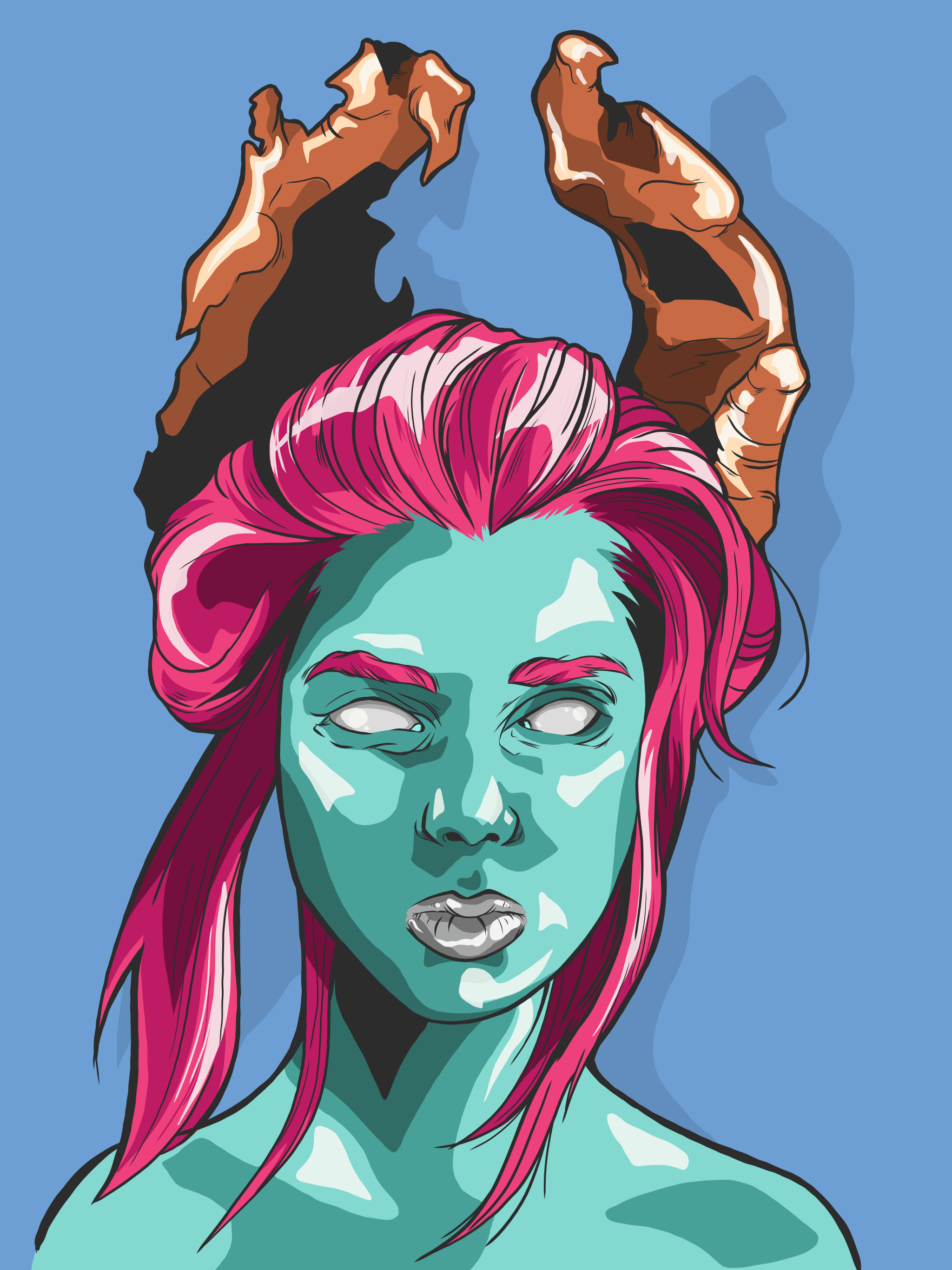 Illustration of a demon woman with pink hair and horns HD Phone Wallpaper