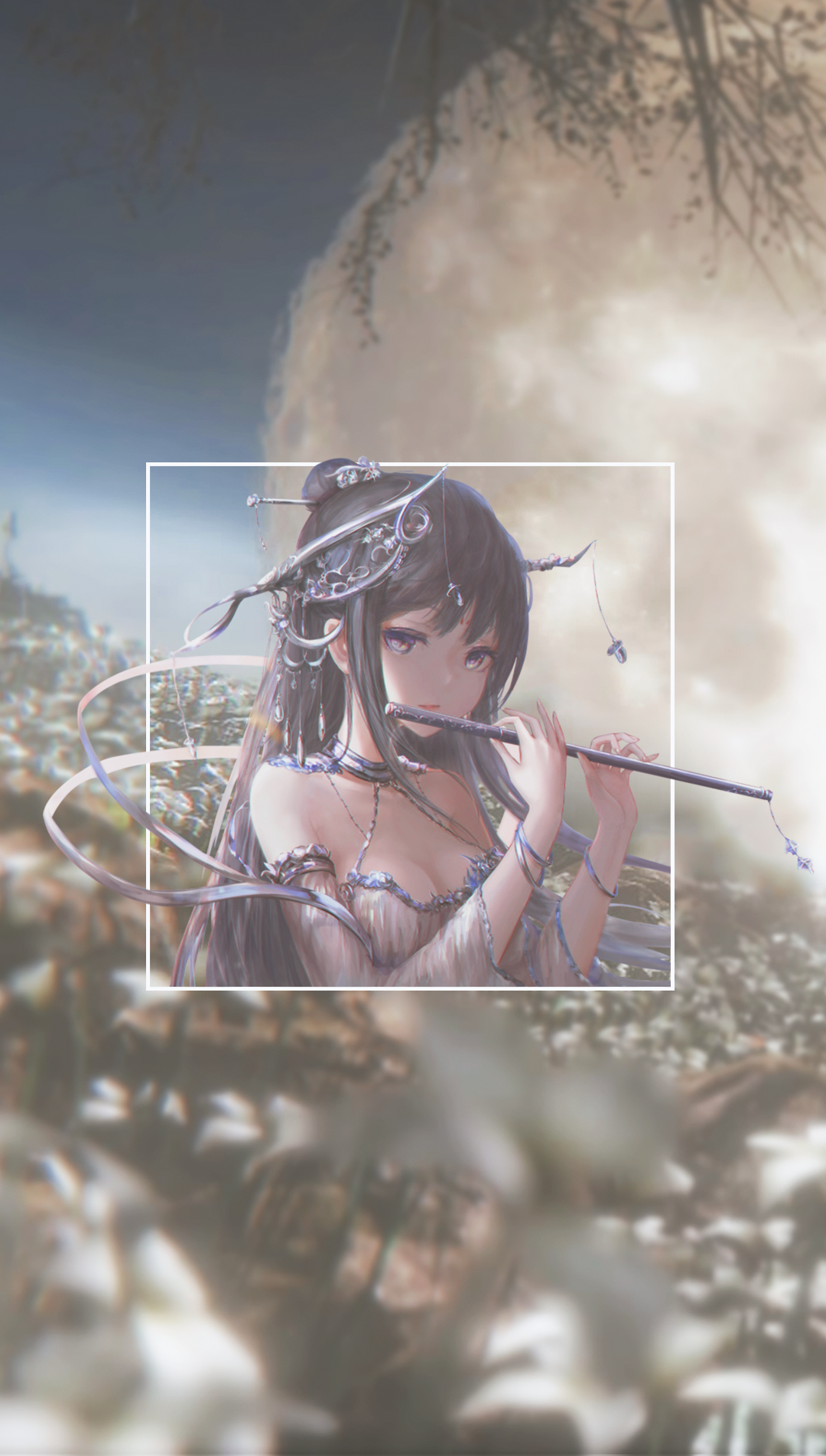 Anime girl playing flute in fantasy setting HD Phone Wallpaper