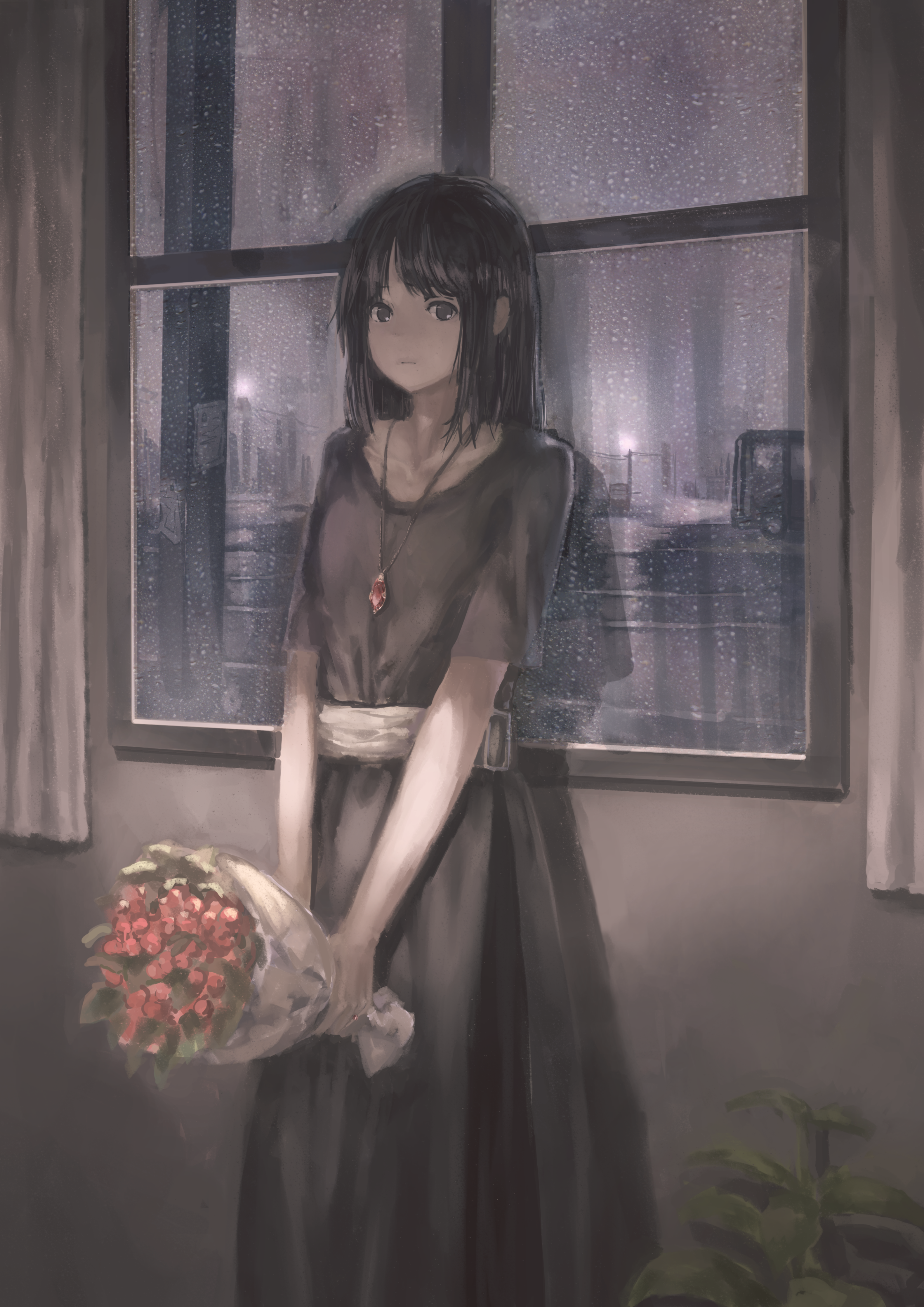 Girl with flowers by the window on a rainy day HD Phone Wallpaper