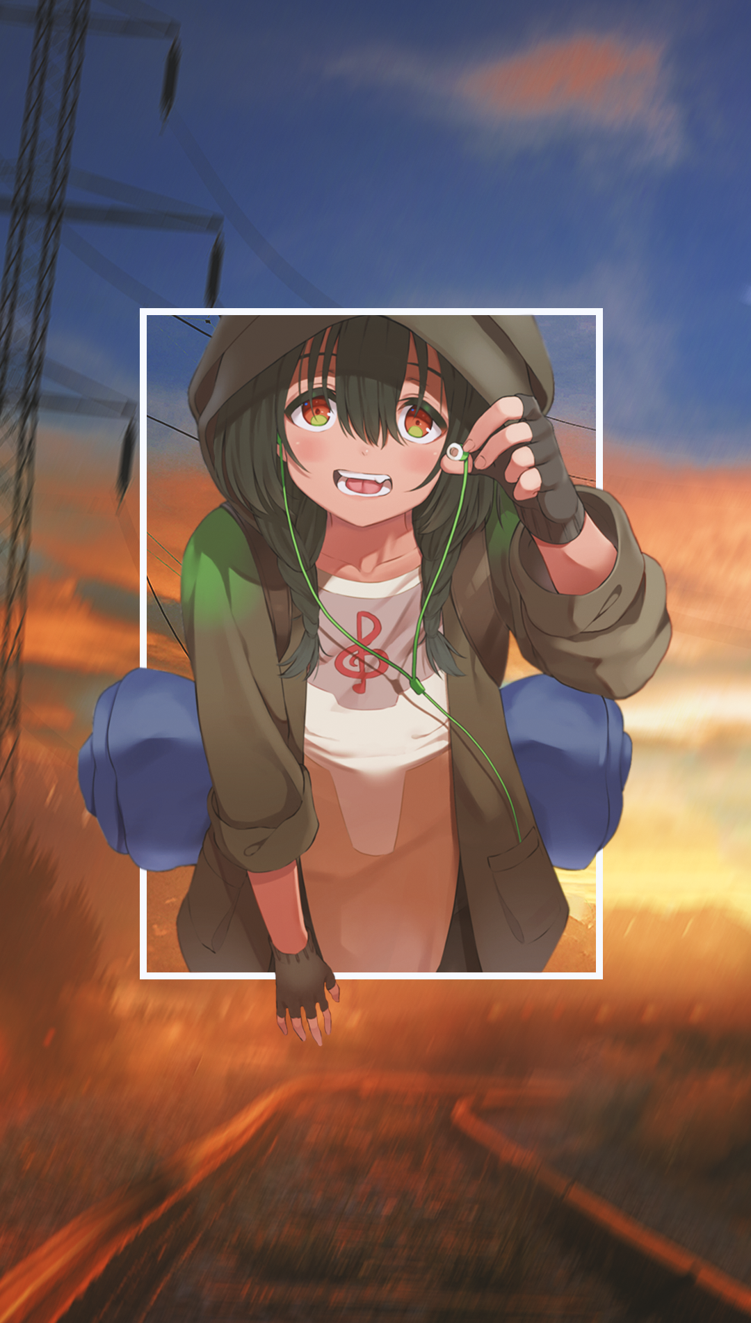 Anime girl with headphones and a backpack HD Phone Wallpaper