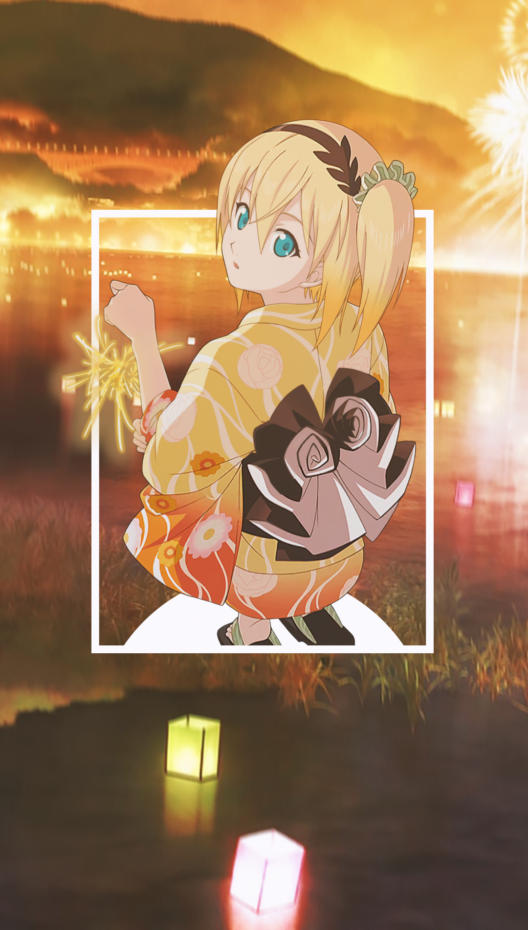 Anime girl in yukata holding sparklers at festival HD Phone Wallpaper