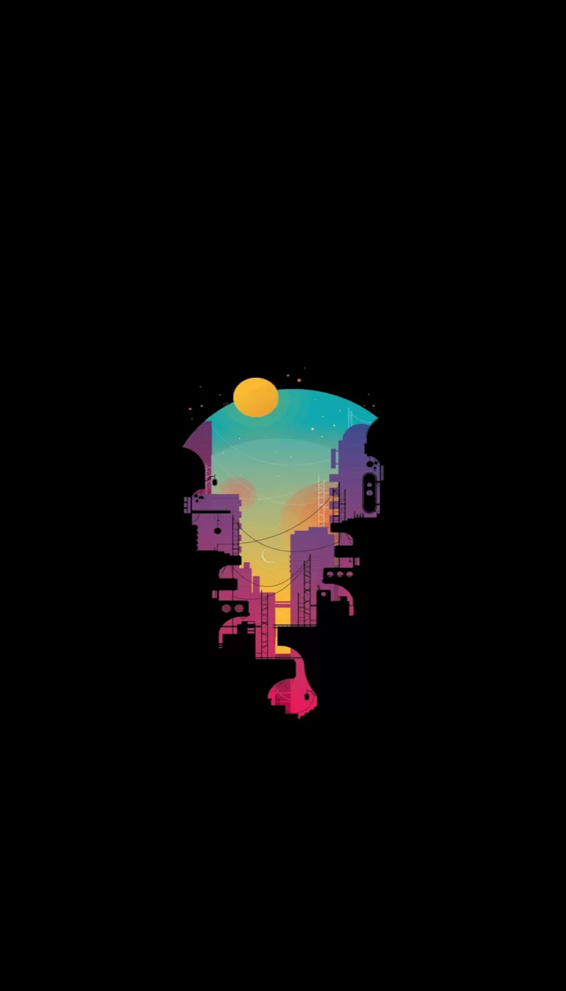 Minimalist cityscape with a sun and gradient sky HD Phone Wallpaper