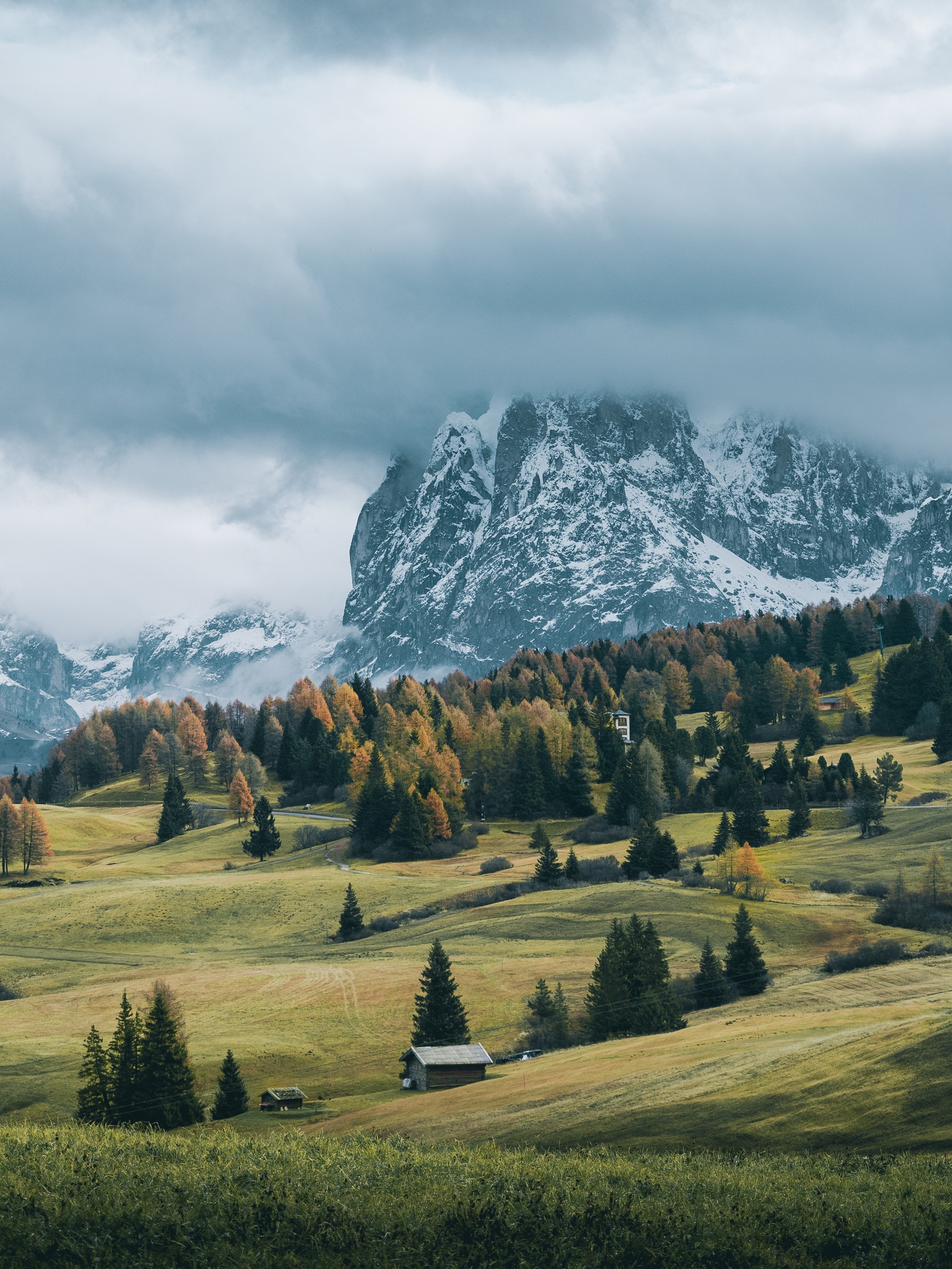 Mountain landscape with trees and a small cabin in Italy HD Phone Wallpaper