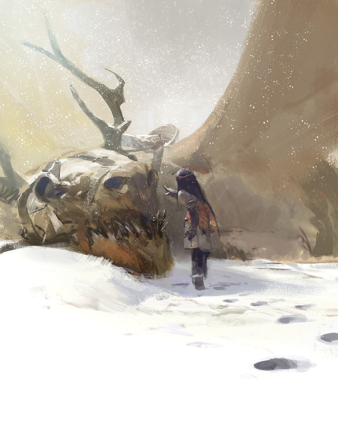 Girl touching a dragon skull in the snow HD Phone Wallpaper