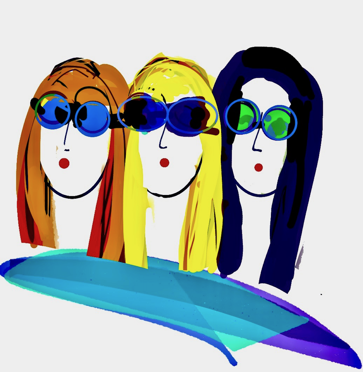 Three women with sunglasses and colorful hair HD Phone Wallpaper