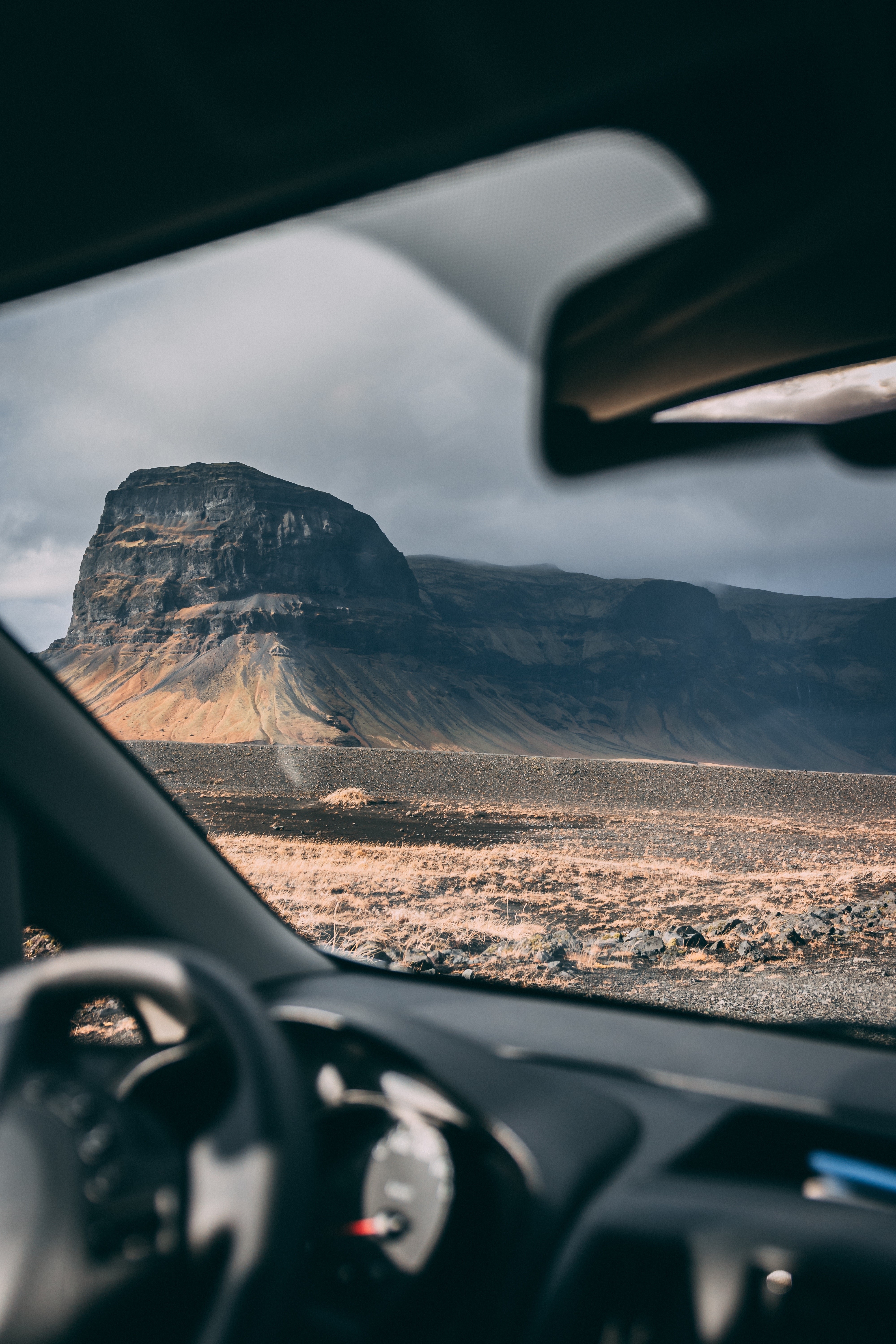 View from car interior of a mountain landscape HD Phone Wallpaper