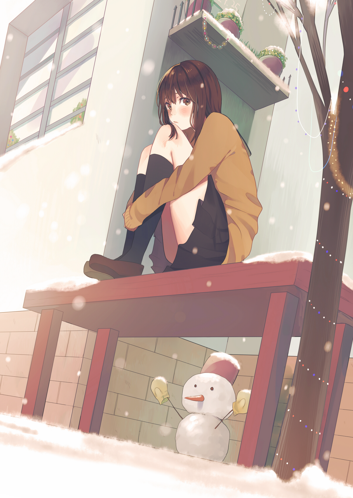 Anime girl sitting on a bench in the snow HD Phone Wallpaper