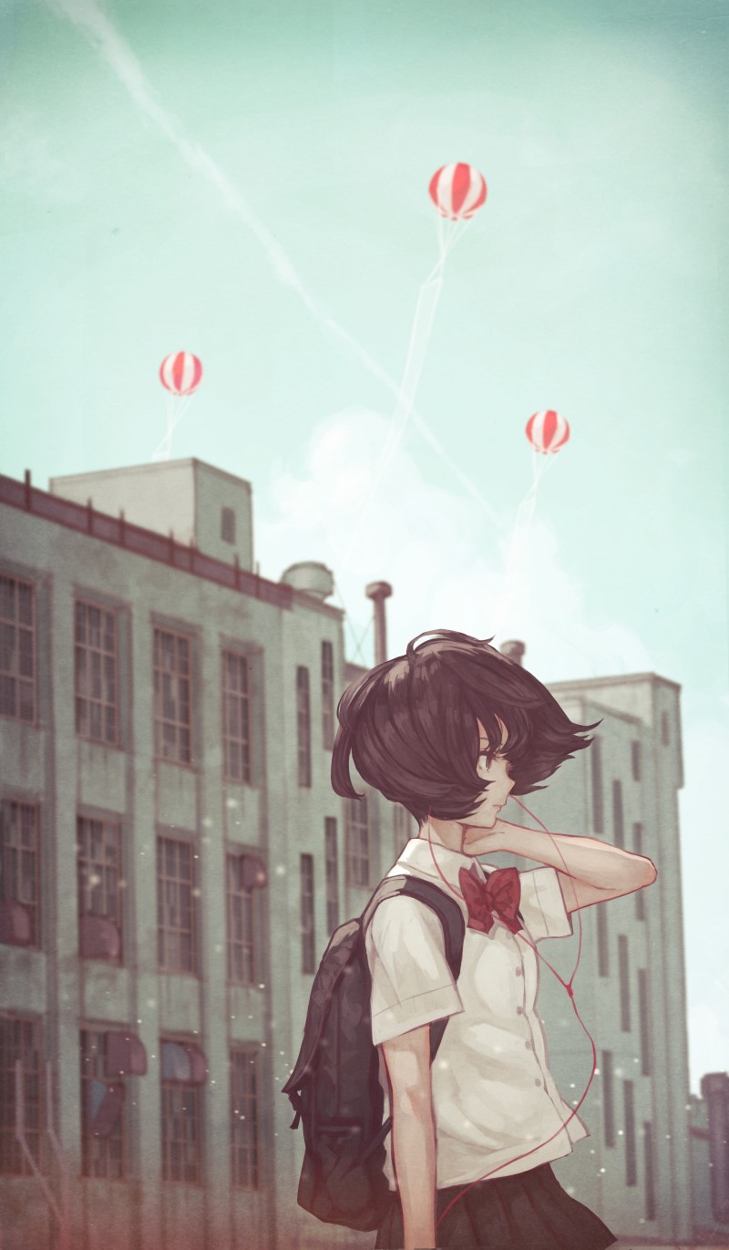Anime girl with dark hair and headphones outdoors HD Phone Wallpaper