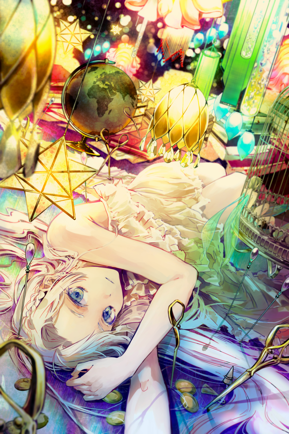 Anime girl with blonde hair and blue eyes surrounded by objects HD Phone Wallpaper