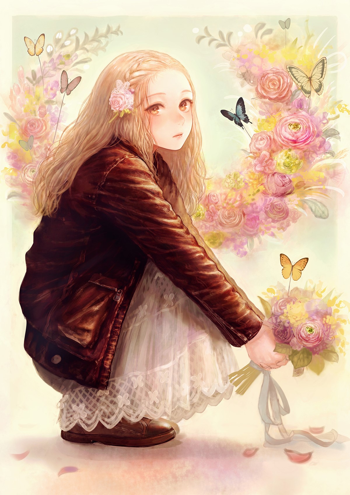 Anime girl with flowers and butterflies HD Phone Wallpaper