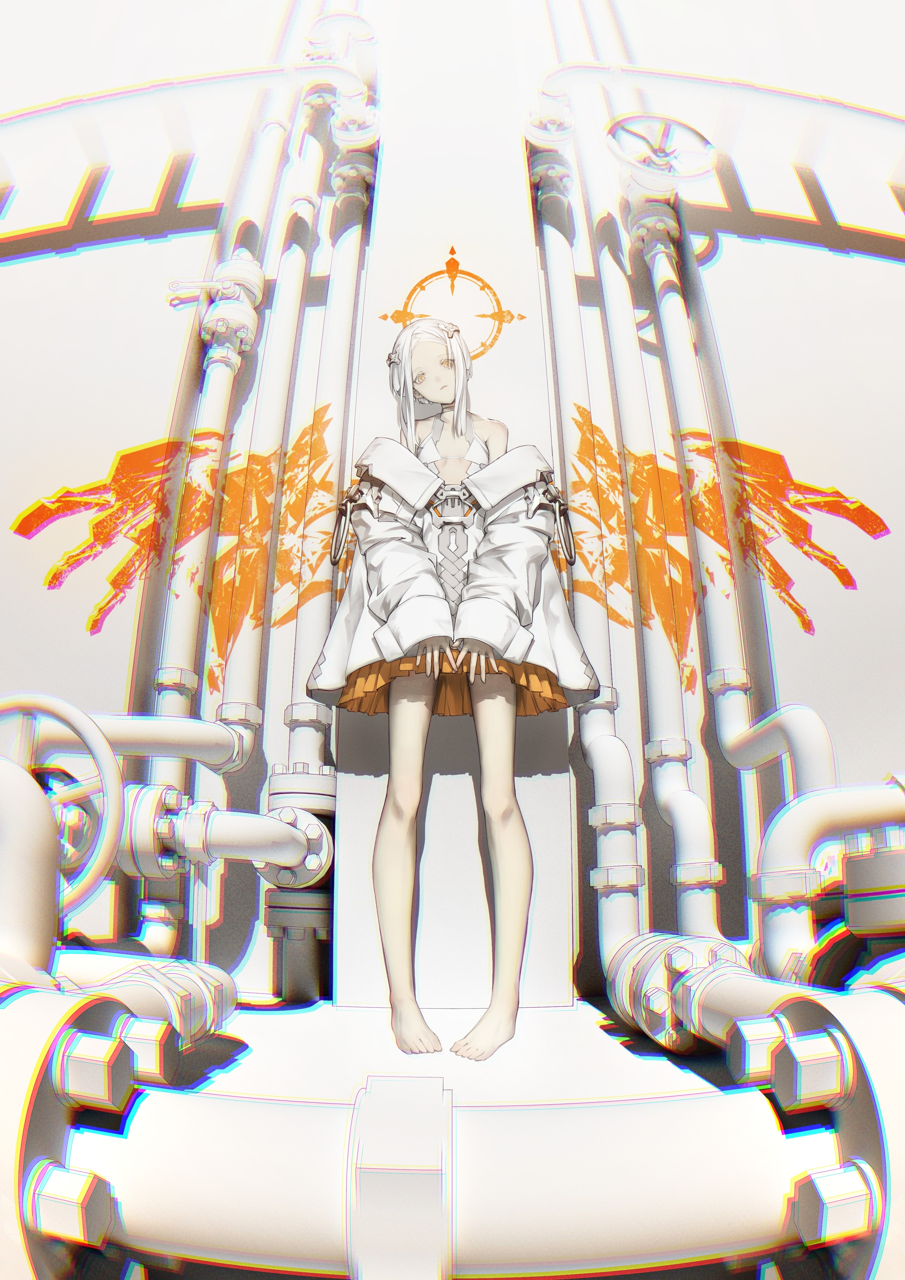 Anime girl with orange wings and halo HD Phone Wallpaper