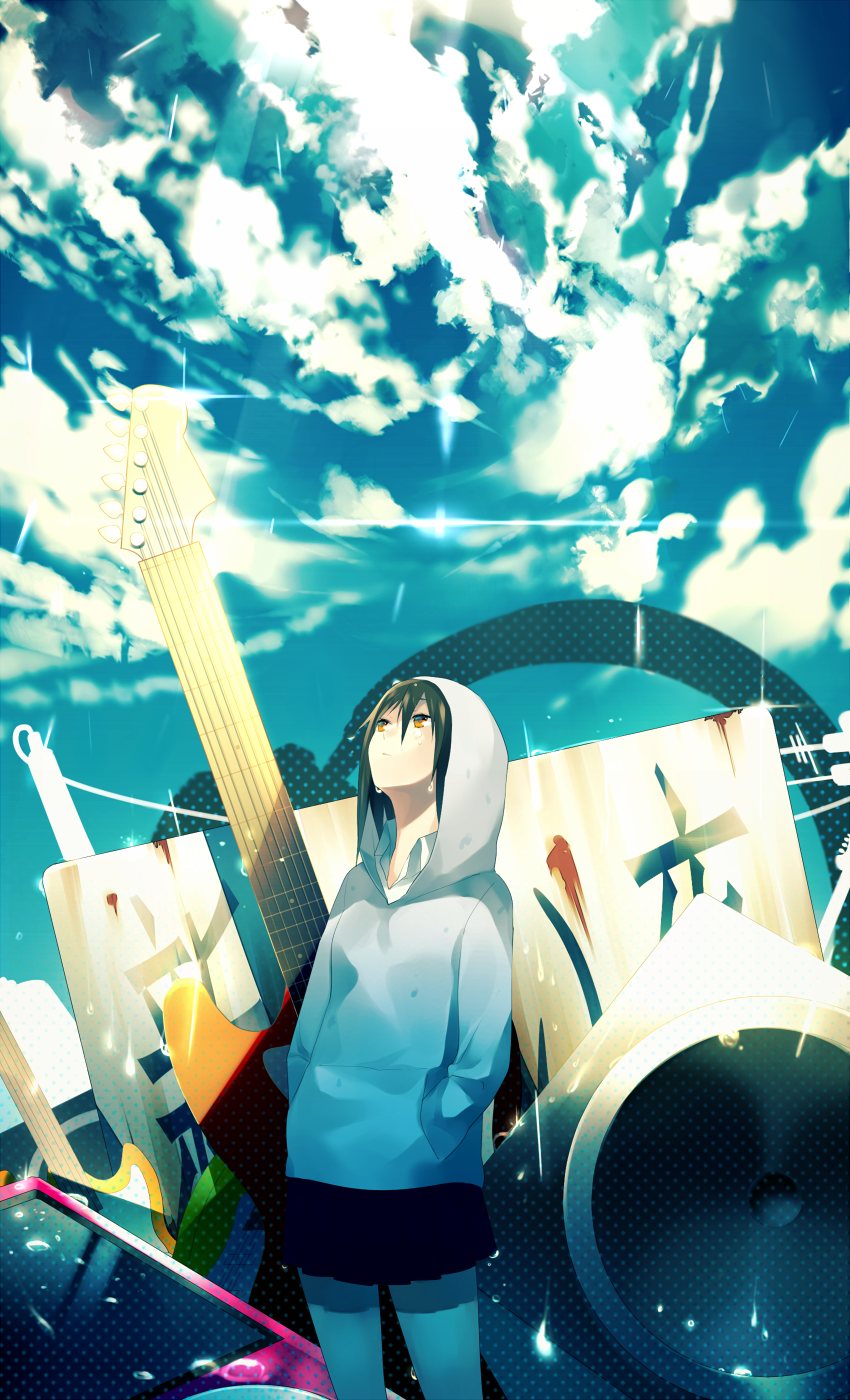 Anime girl in hoodie with guitar and speaker HD Phone Wallpaper