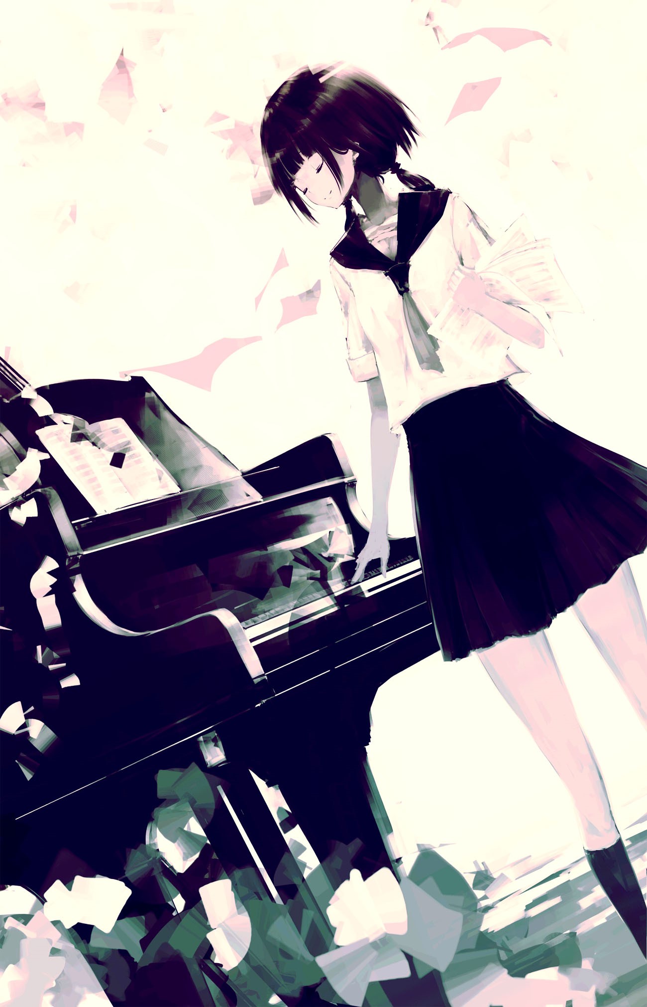 Anime girl in school uniform playing piano HD Phone Wallpaper