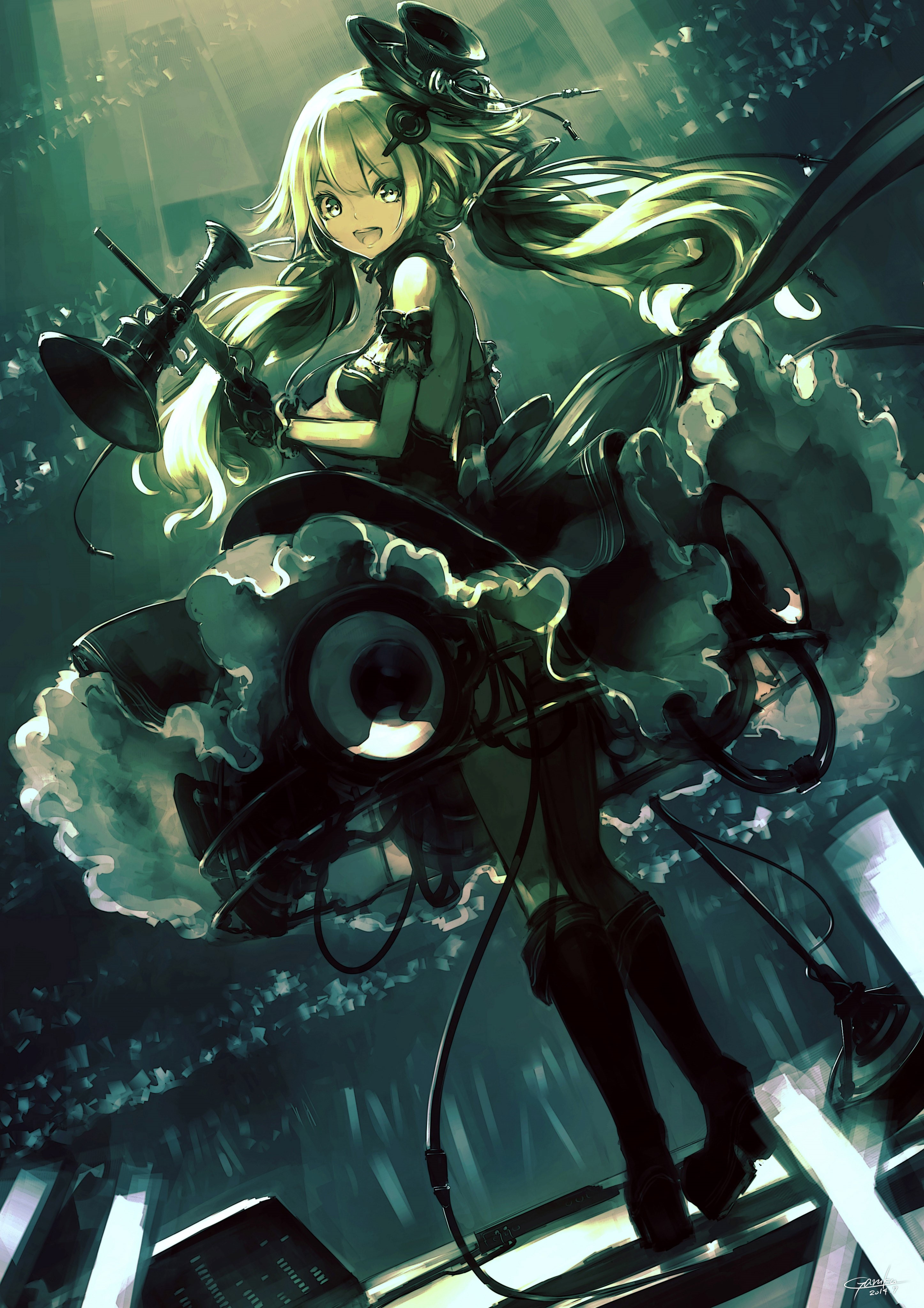 Anime girl with blonde hair and musical instruments HD Phone Wallpaper