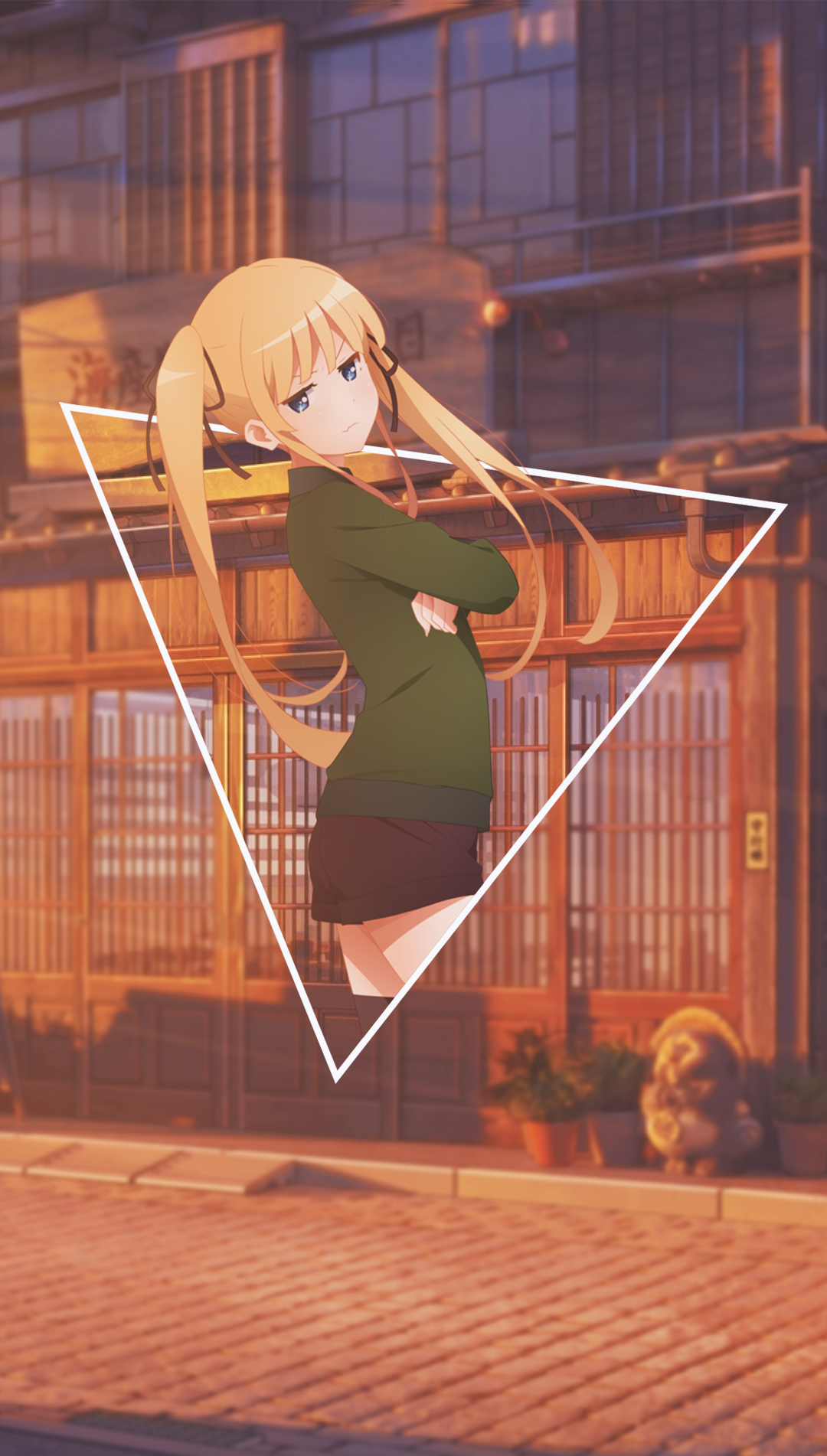 Anime girl with blonde pigtails in a green sweater and brown skirt HD Phone Wallpaper