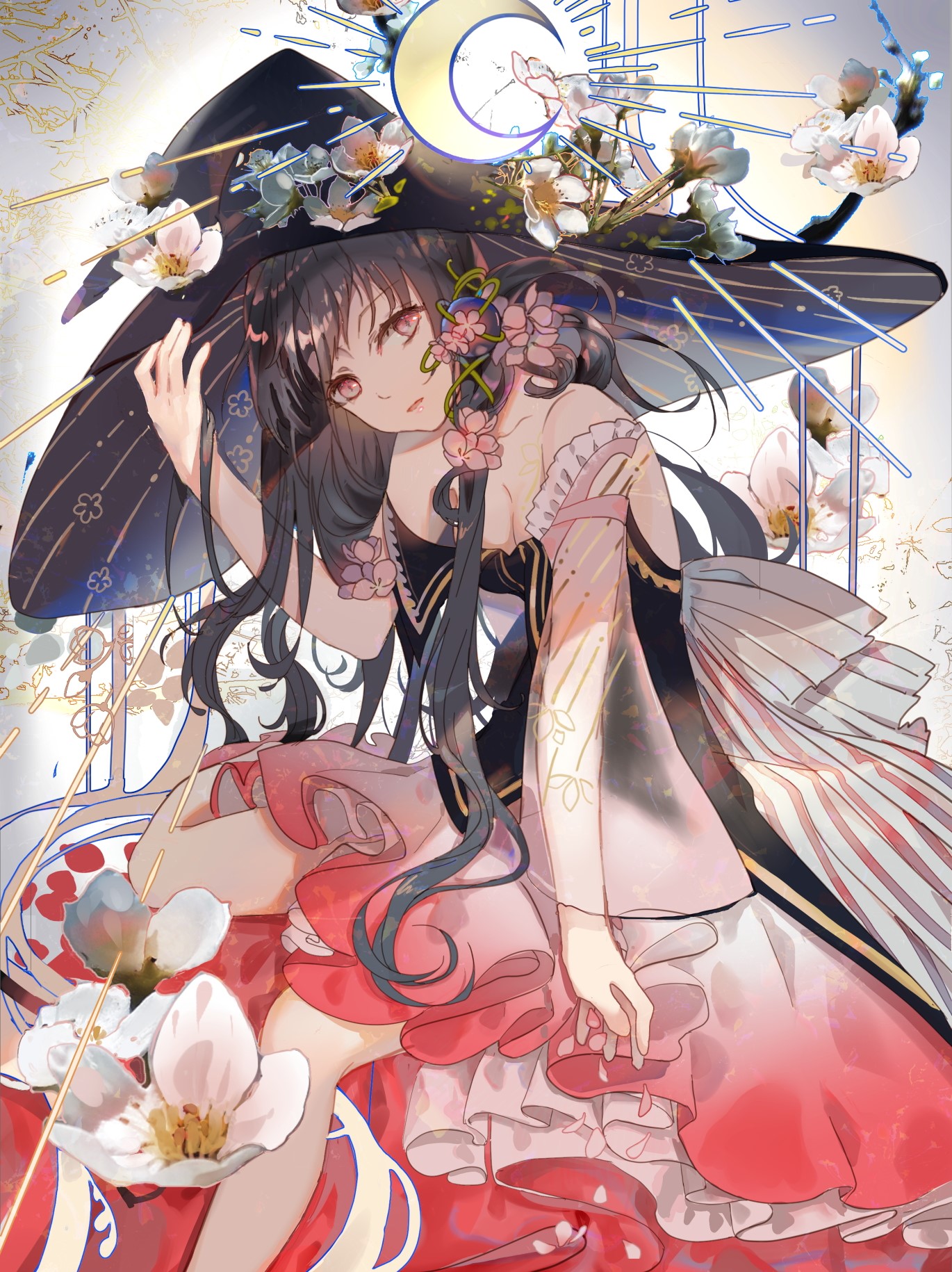 Anime girl with witch hat and flowers HD Phone Wallpaper