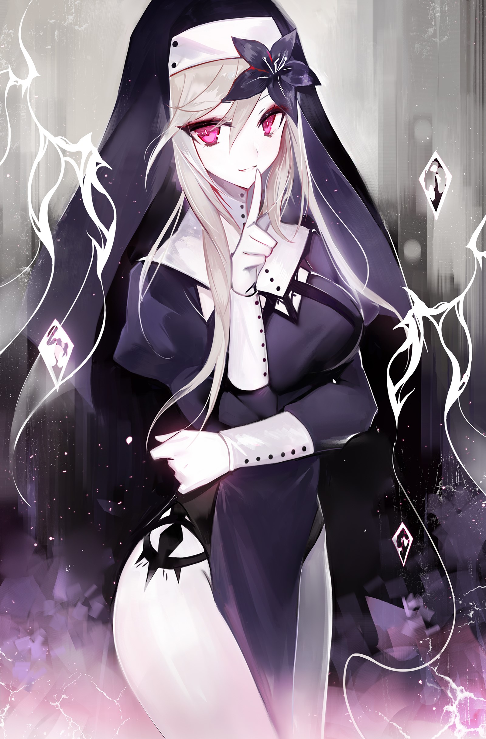 Anime Nun Girl with Red Eyes and Flower HD Phone Wallpaper