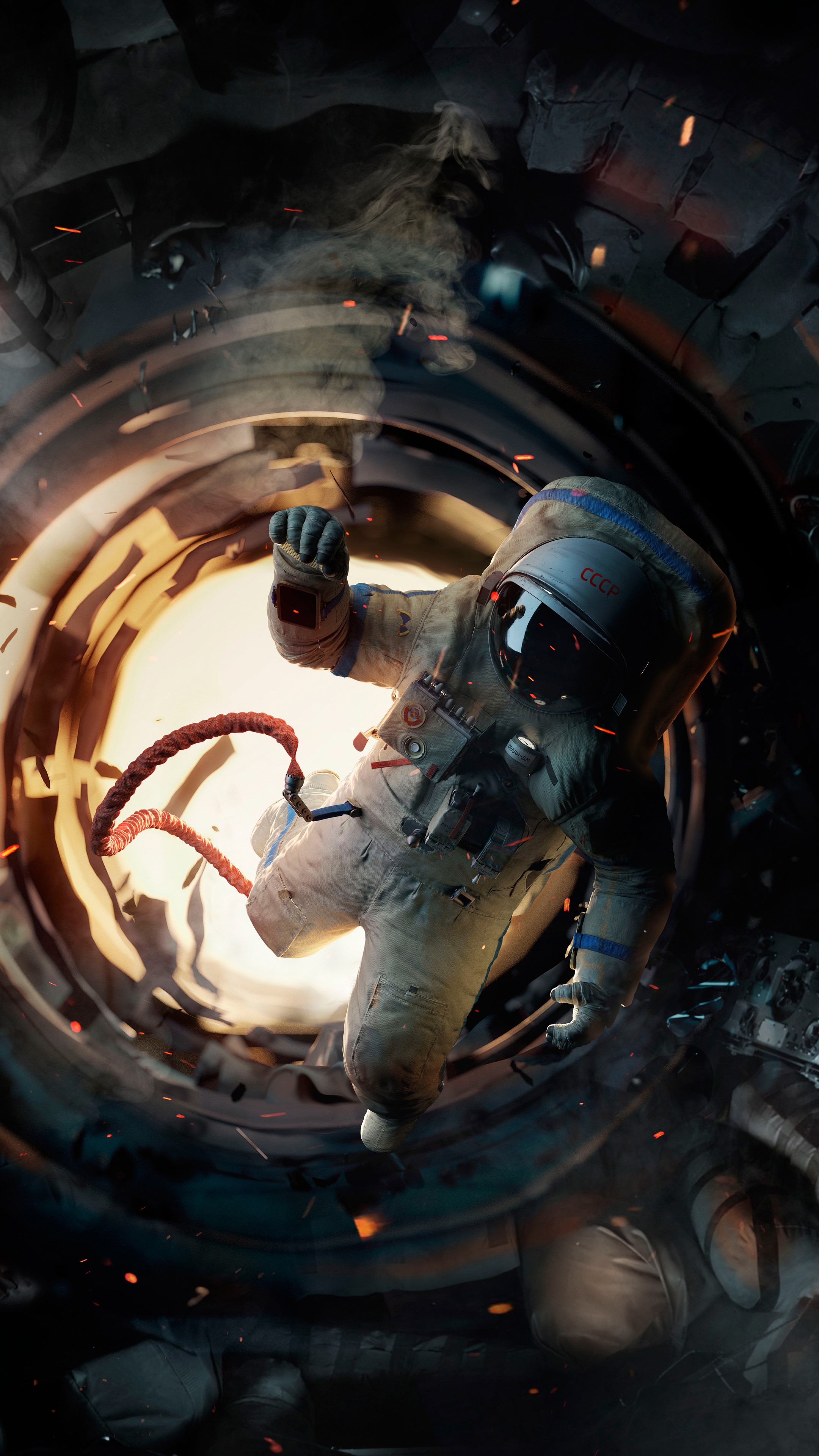 Astronaut in a damaged space station HD Phone Wallpaper