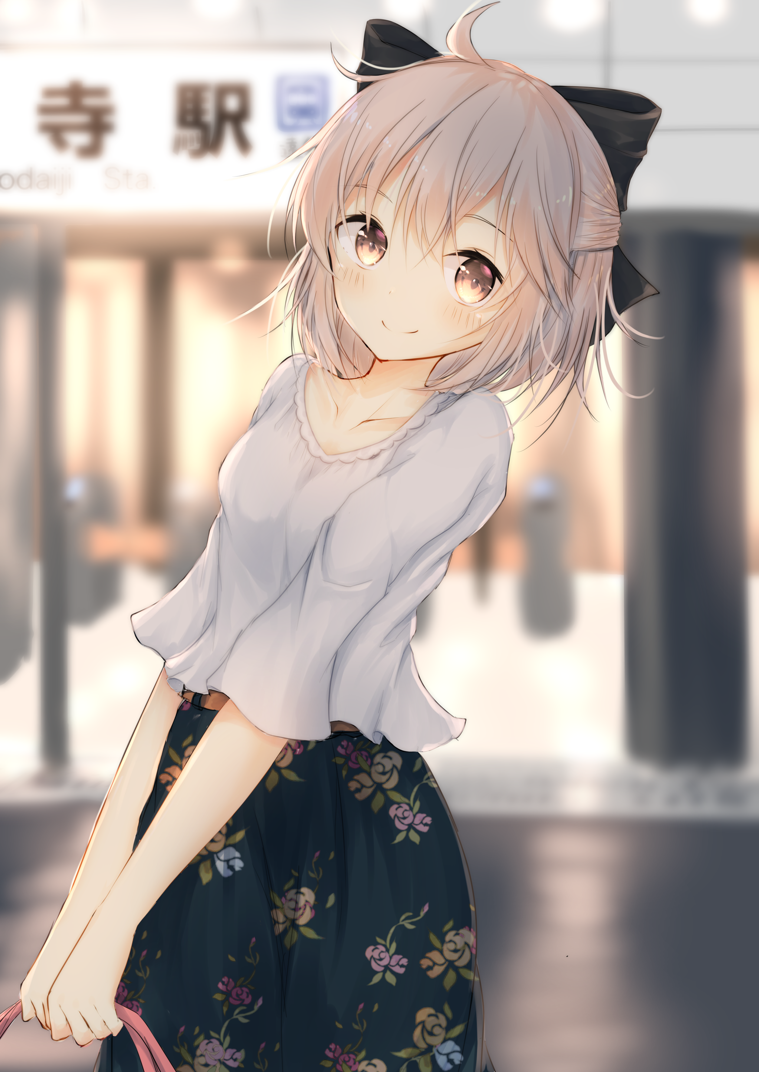 Anime girl with blonde hair and floral skirt HD Phone Wallpaper