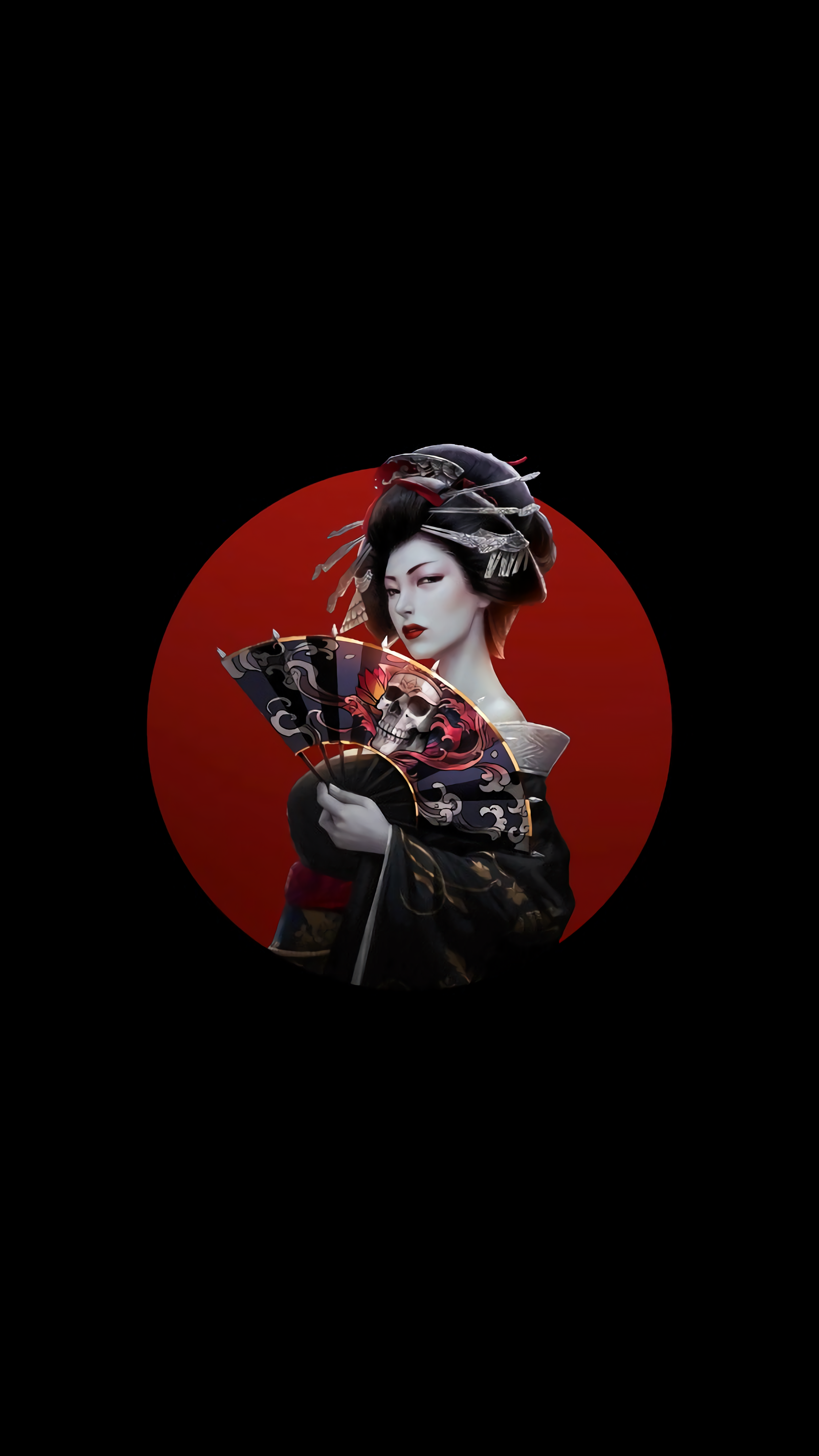 Geisha with skull fan against red circle HD Phone Wallpaper