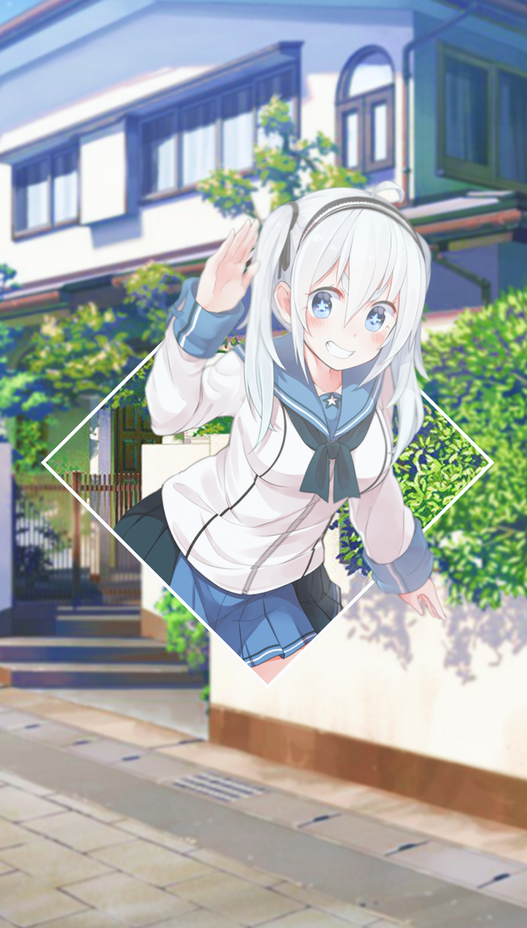 Anime girl with white hair and blue eyes waving HD Phone Wallpaper