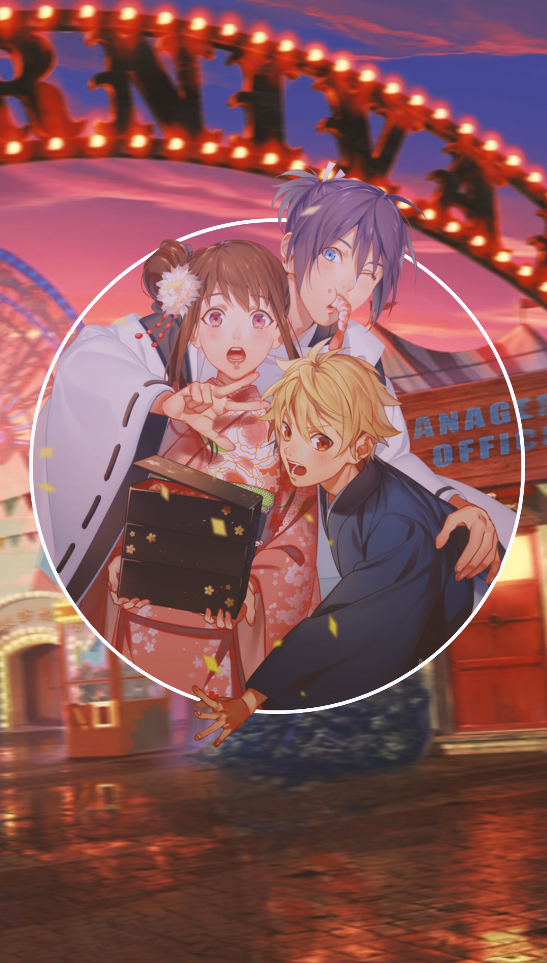 Anime characters in yukatas at a carnival HD Phone Wallpaper