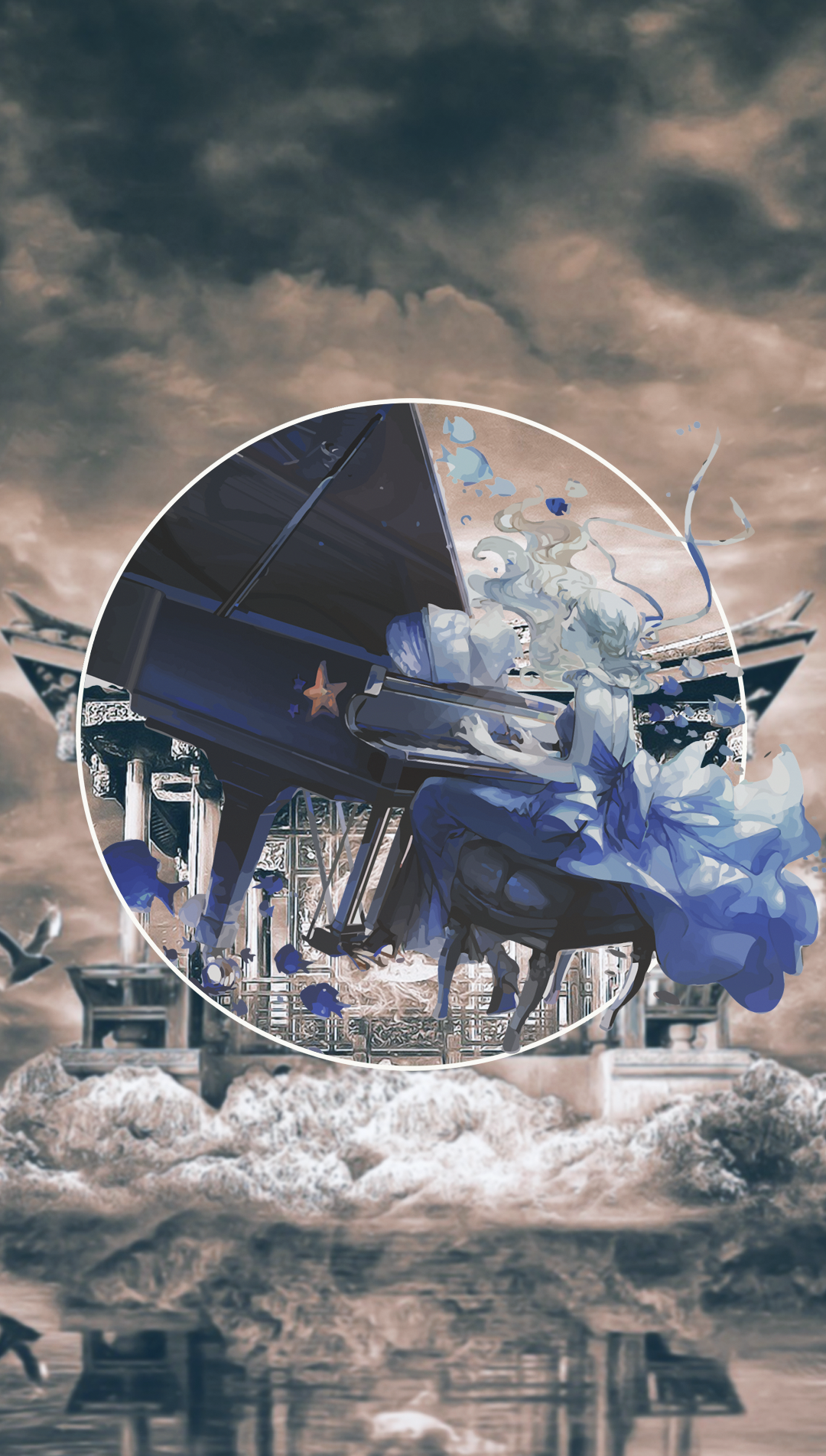 Anime couple playing piano in a surreal landscape HD Phone Wallpaper