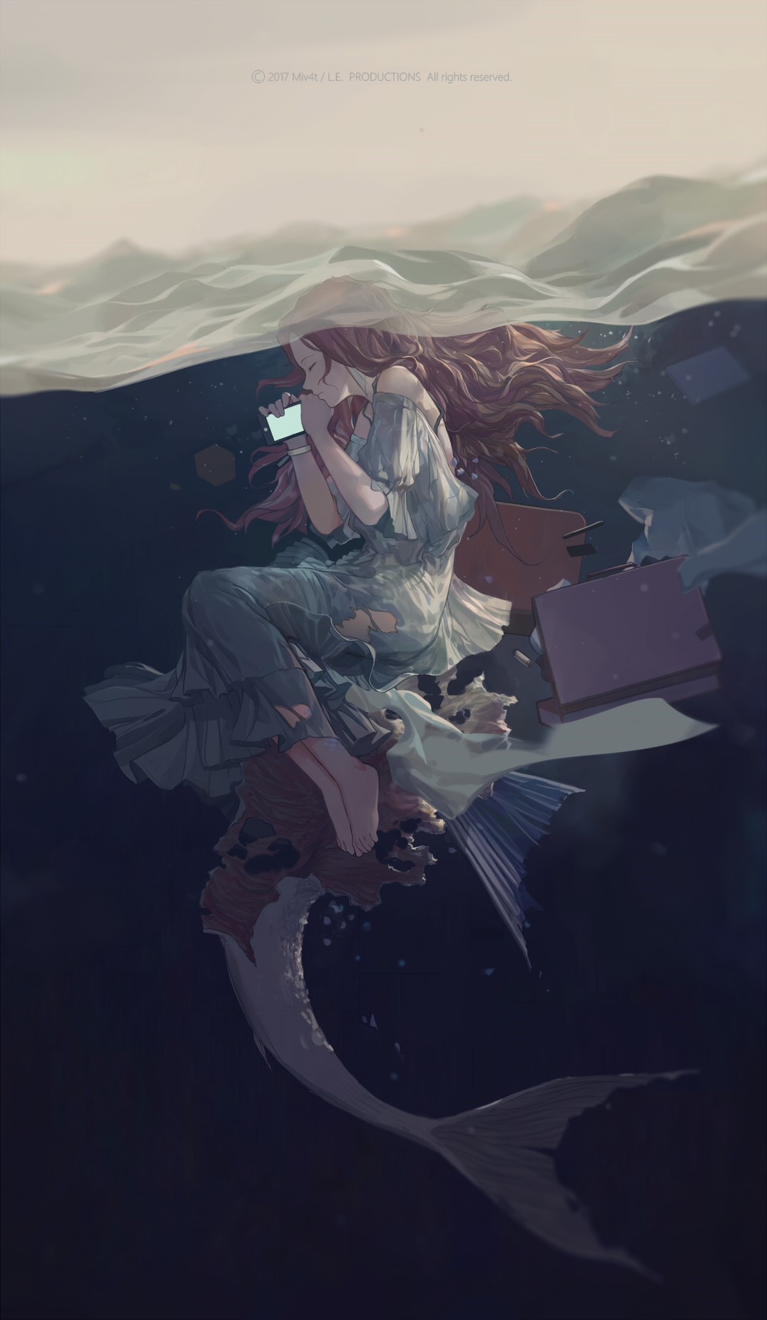 Anime girl with red hair underwater holding a phone HD Phone Wallpaper