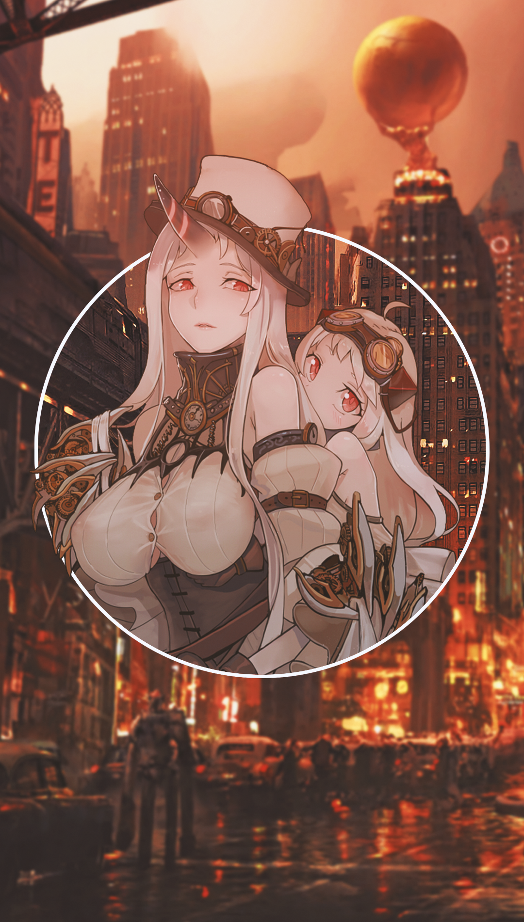 Anime girls in steampunk outfits in a city HD Phone Wallpaper