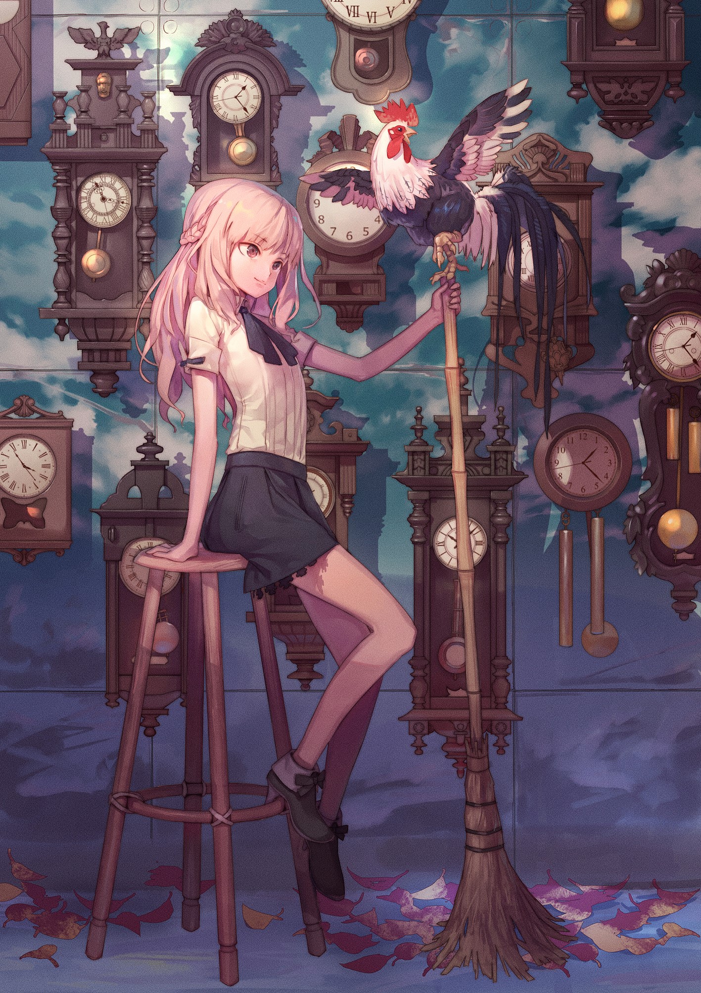 Anime girl with pink hair and a rooster HD Phone Wallpaper