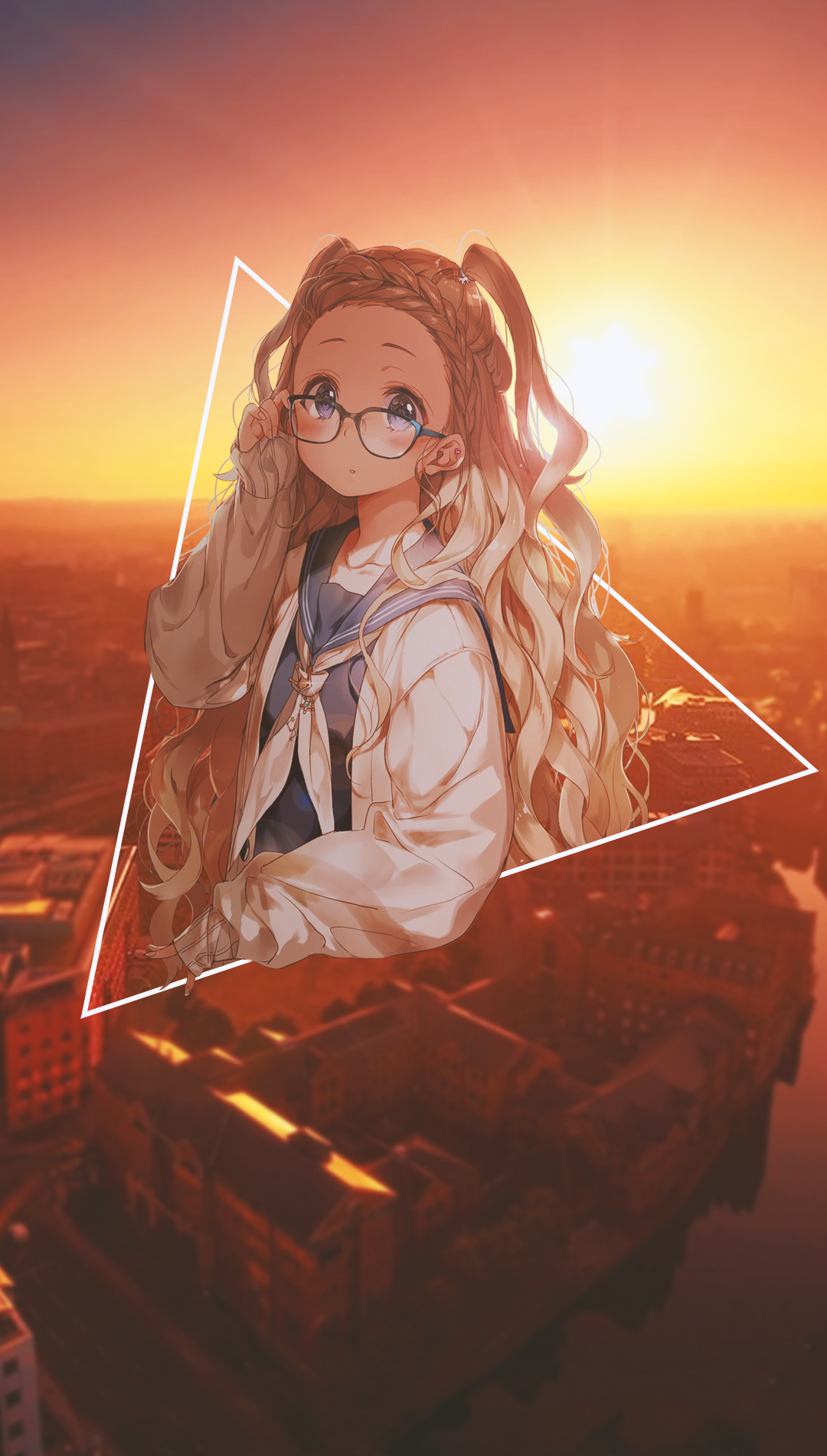 Anime girl with glasses and pigtails over city sunset HD Phone Wallpaper