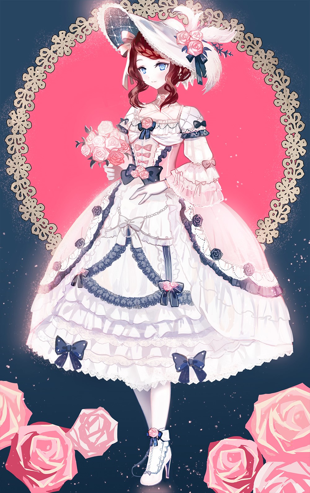 Anime girl in a white lolita dress holding flowers HD Phone Wallpaper
