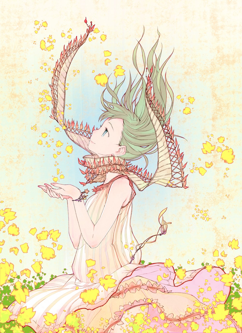 Anime girl with green hair and dragon scarf HD Phone Wallpaper