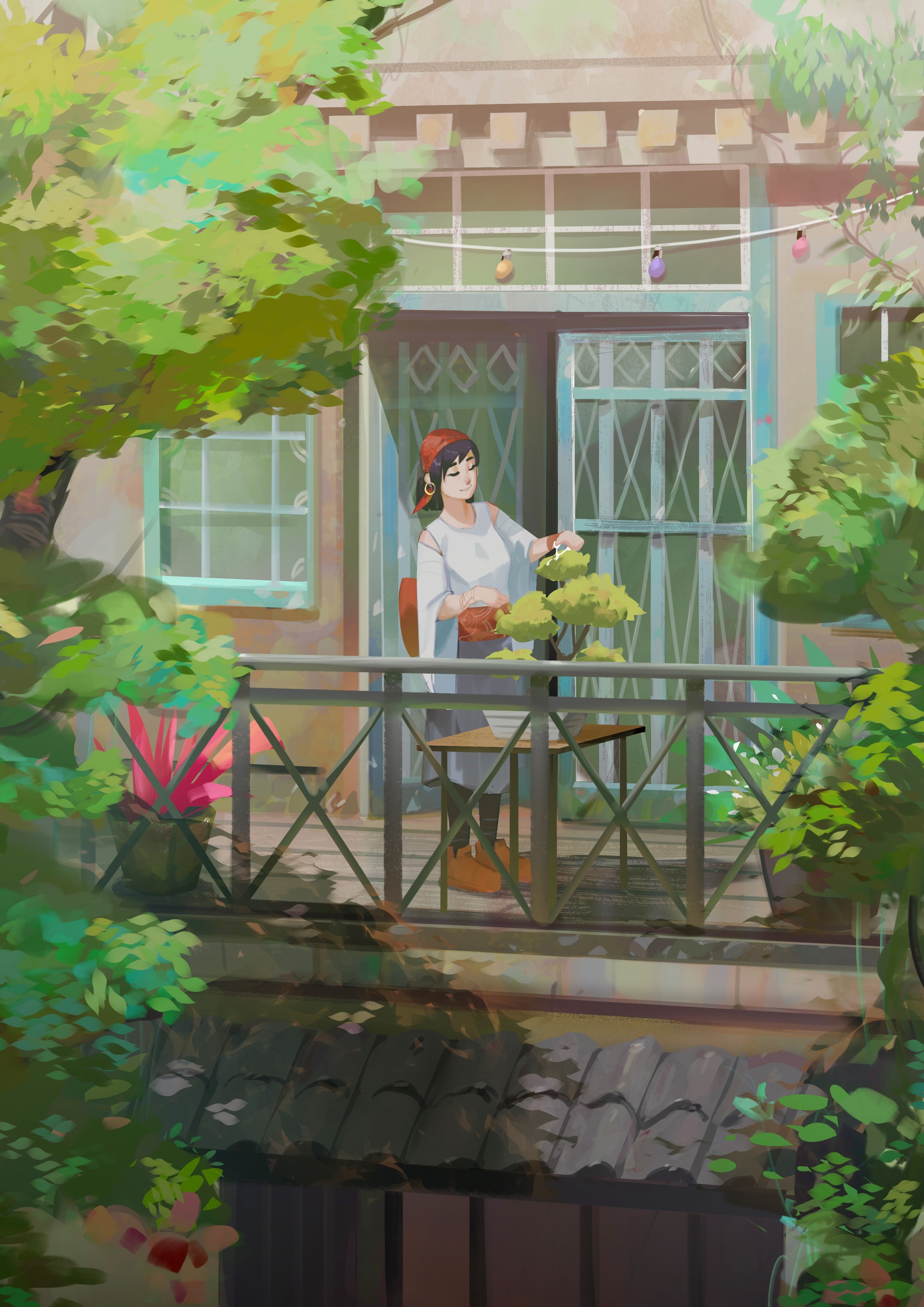 Woman tending to bonsai on a balcony HD Phone Wallpaper