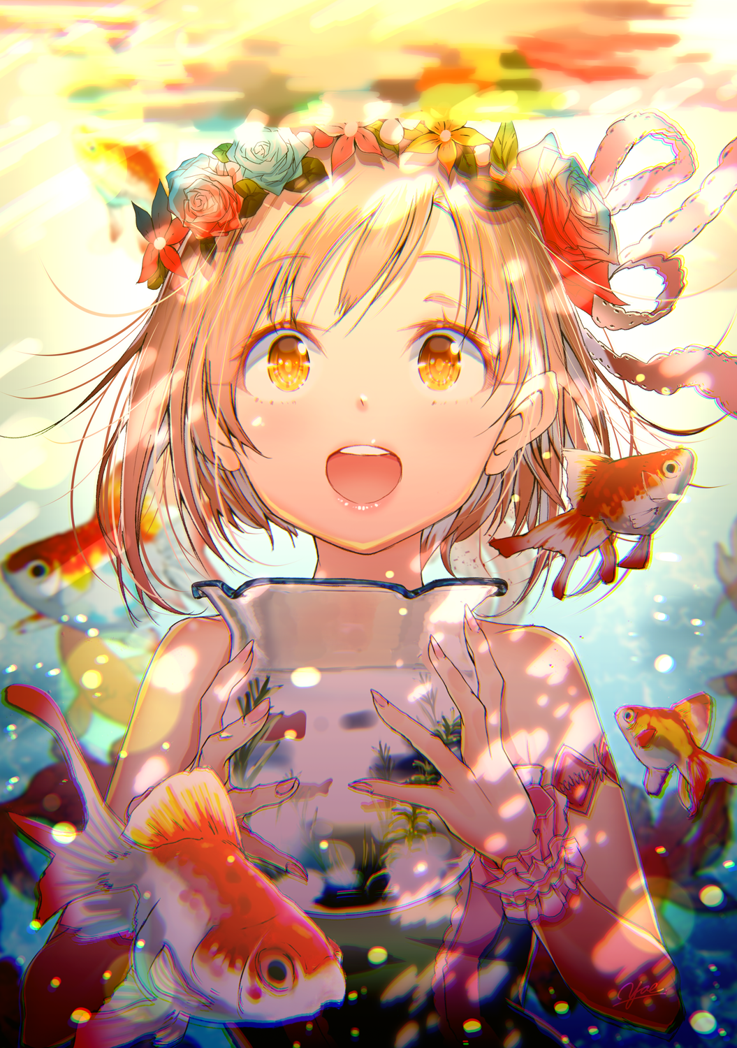 Anime girl with flower crown holding a fishbowl with goldfish HD Phone Wallpaper