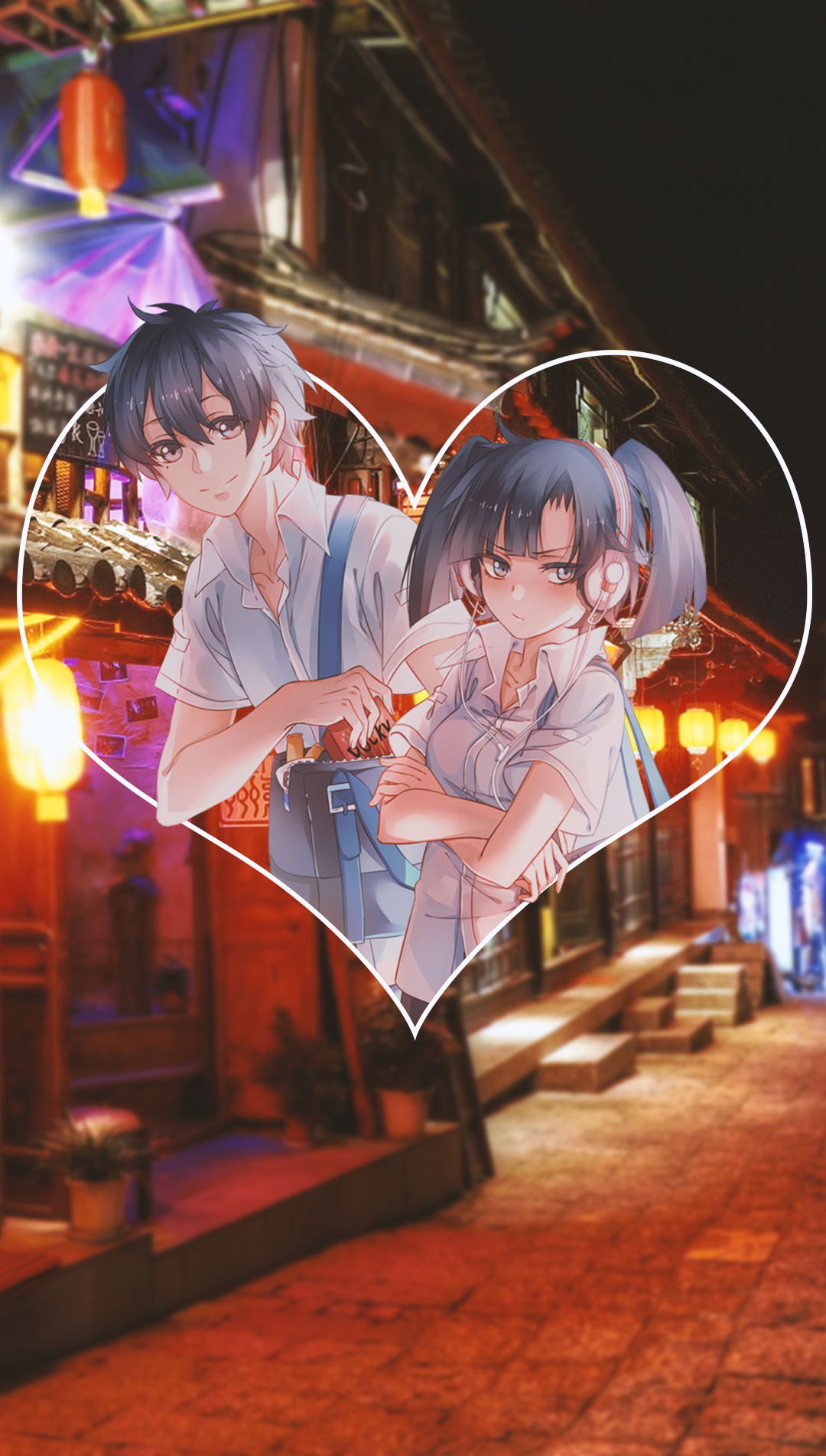 Anime couple in heart frame on street HD Phone Wallpaper
