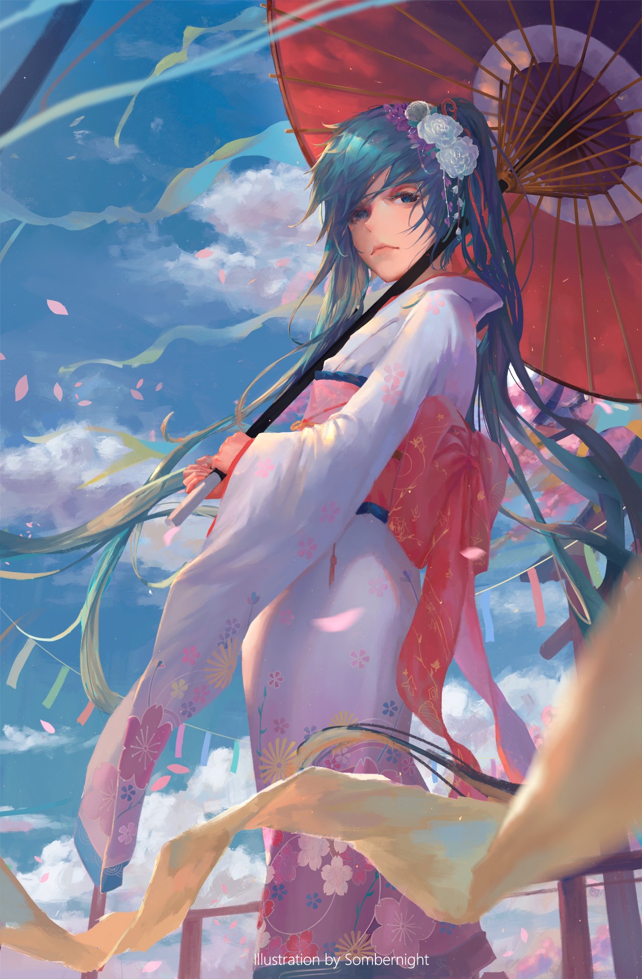 Anime girl in kimono holding a red umbrella HD Phone Wallpaper