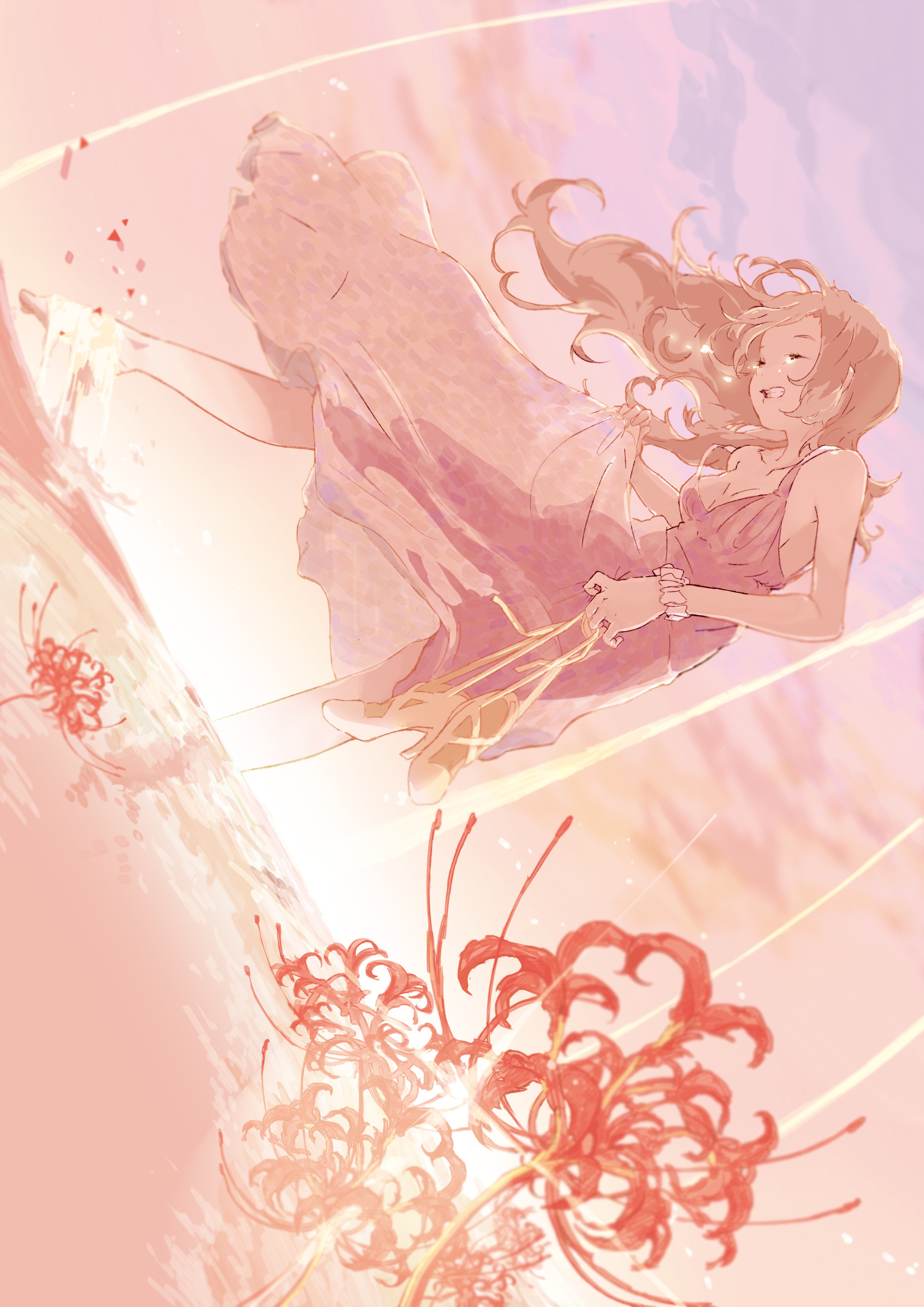 Anime girl in a dress falling with red spider lilies HD Phone Wallpaper
