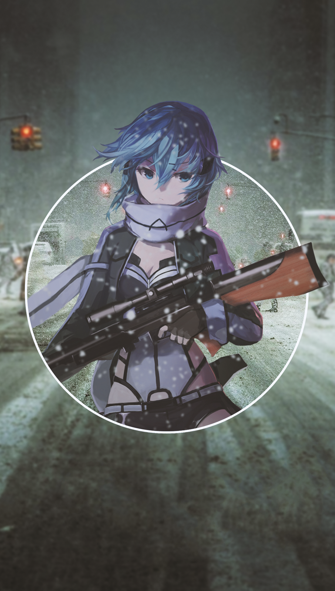 Sinon from Sword Art Online holding a sniper rifle in the snow HD Phone Wallpaper